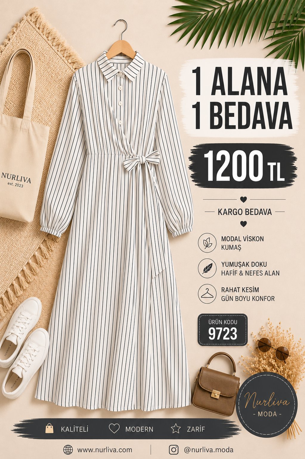 9723  YANDAN BAĞLAMALI MODAL VİSKON YENİ SEZON ÇİZGİLİ ELBİSE BEYAZ