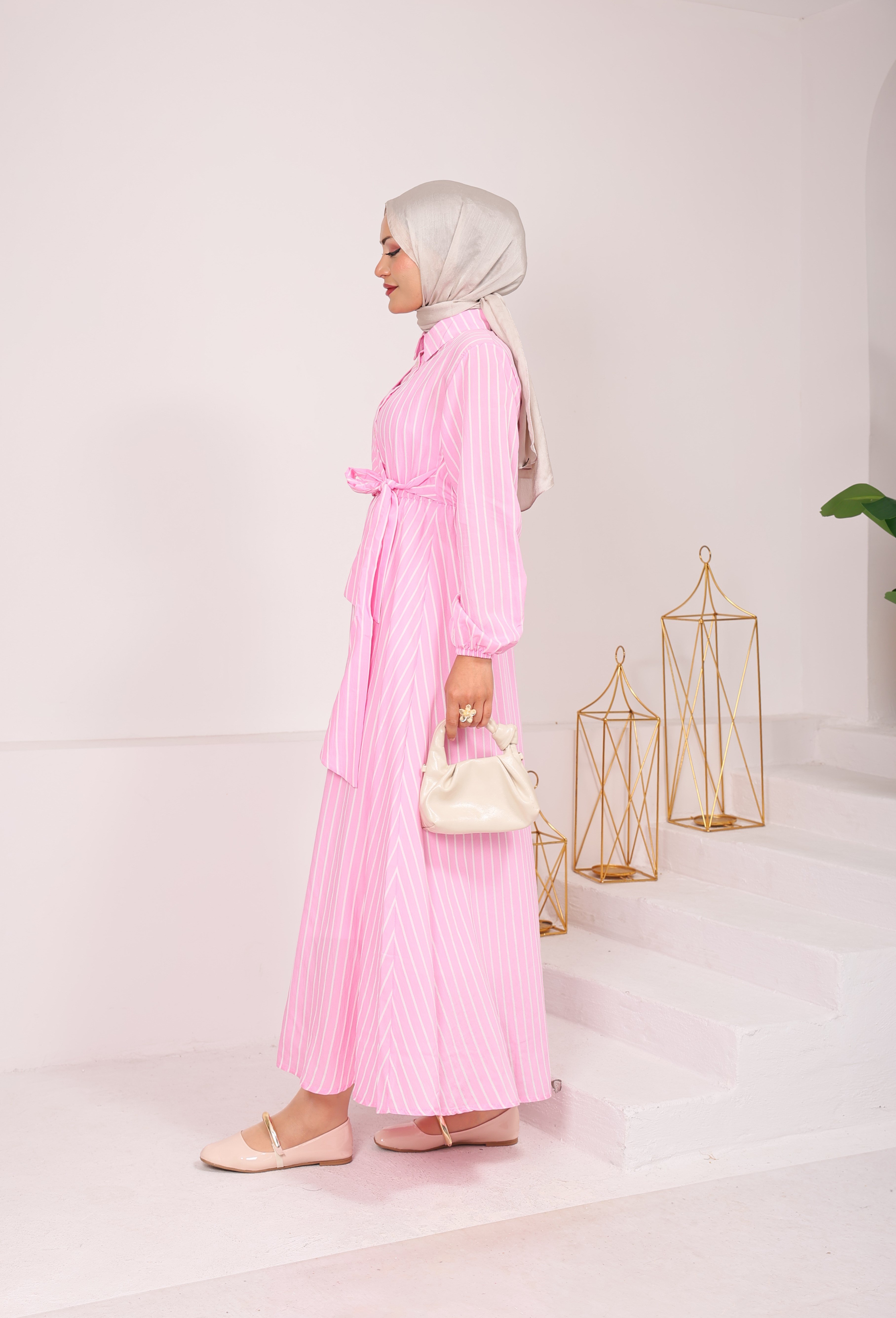 9723  YANDAN BAĞLAMALI MODAL VİSKON YENİ SEZON ÇİZGİLİ ELBİSE PEMBE 