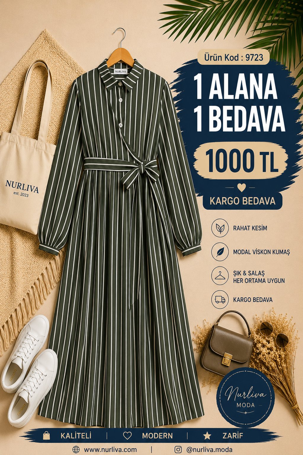 9723  YANDAN BAĞLAMALI MODAL VİSKON YENİ SEZON ÇİZGİLİ ELBİSE  YEŞİL 