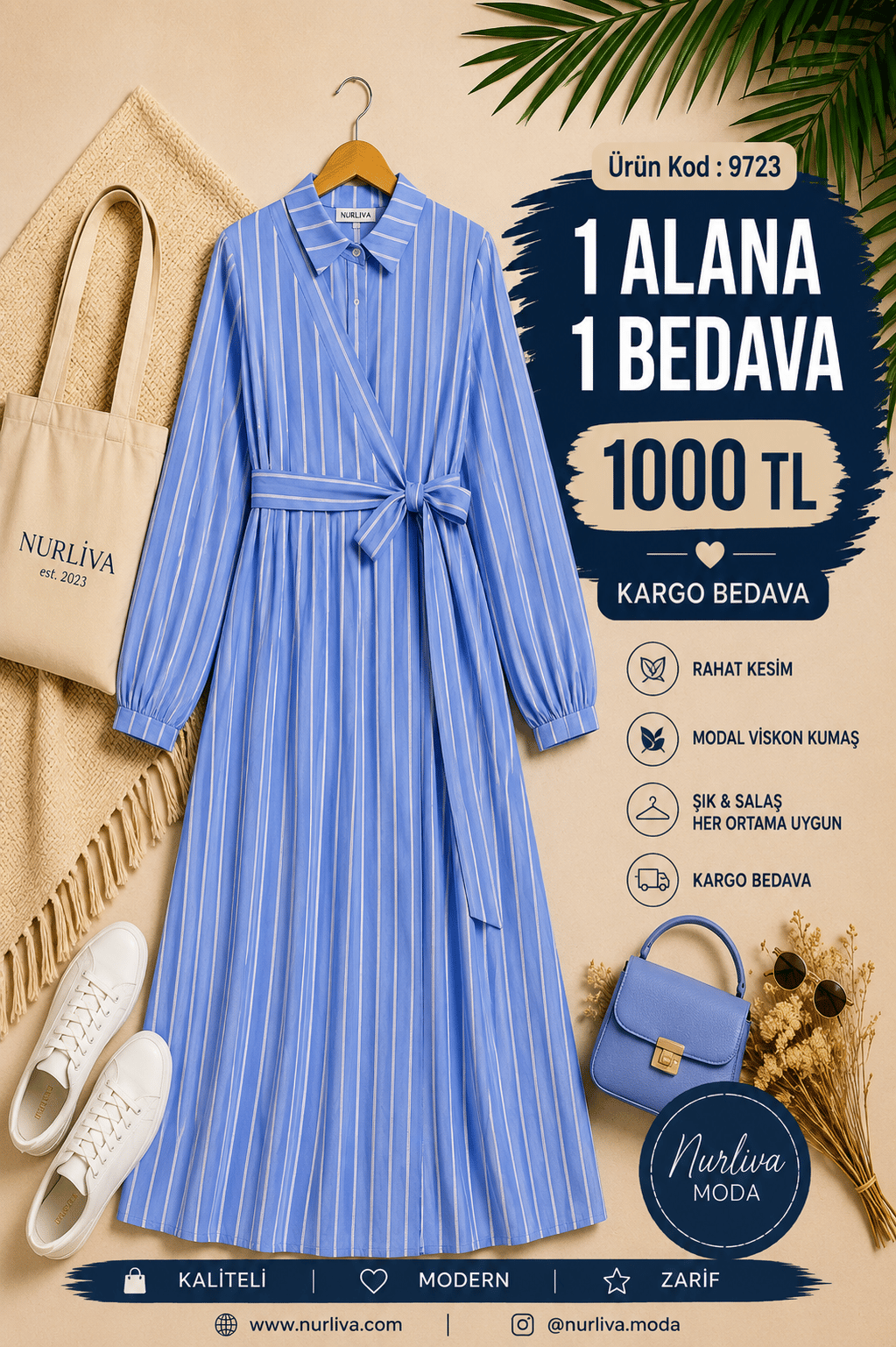 9723  YANDAN BAĞLAMALI MODAL VİSKON YENİ SEZON ÇİZGİLİ ELBİSE BEBEMAVİ 