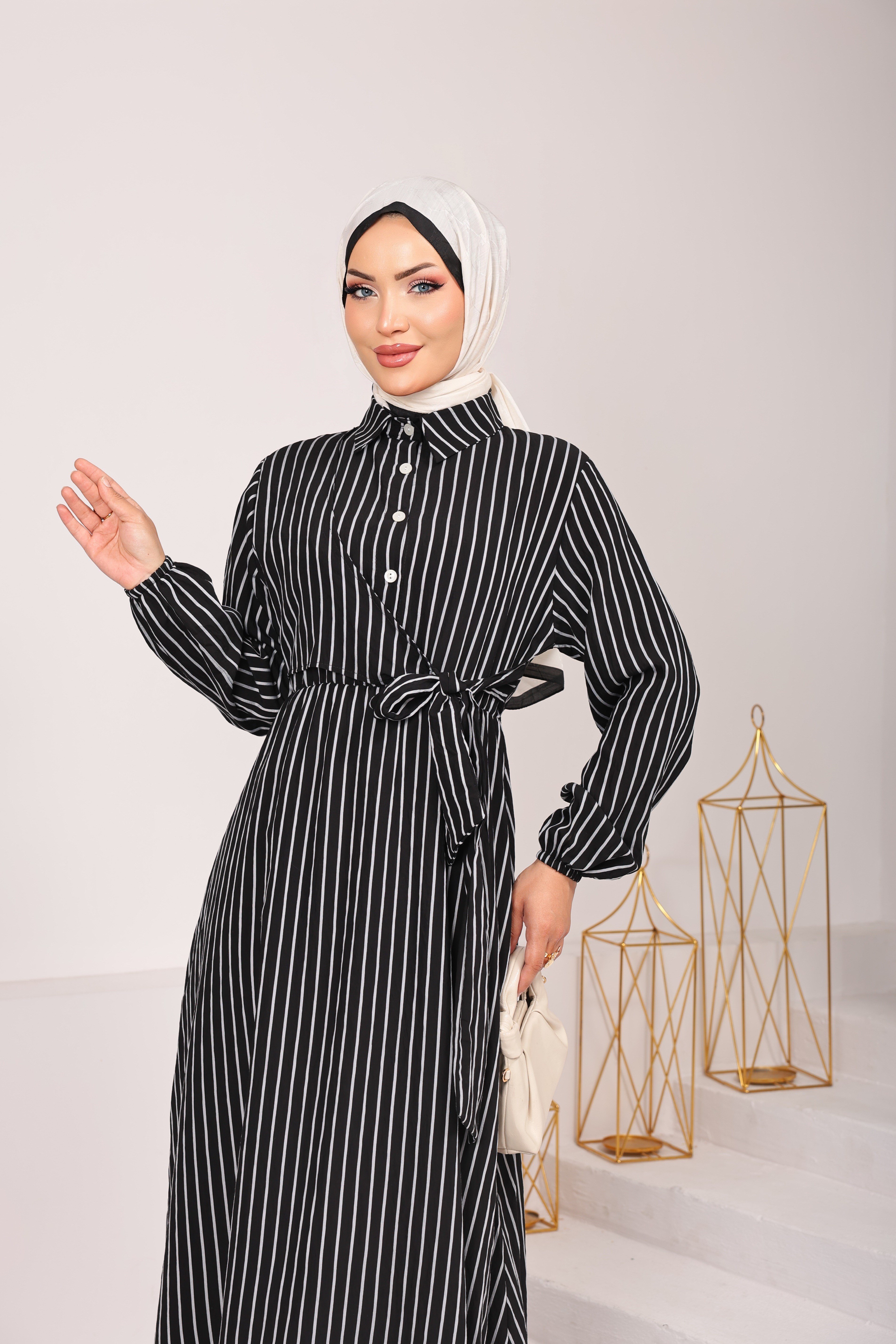 9723  YANDAN BAĞLAMALI MODAL VİSKON YENİ SEZON ÇİZGİLİ ELBİSE SİYAH 