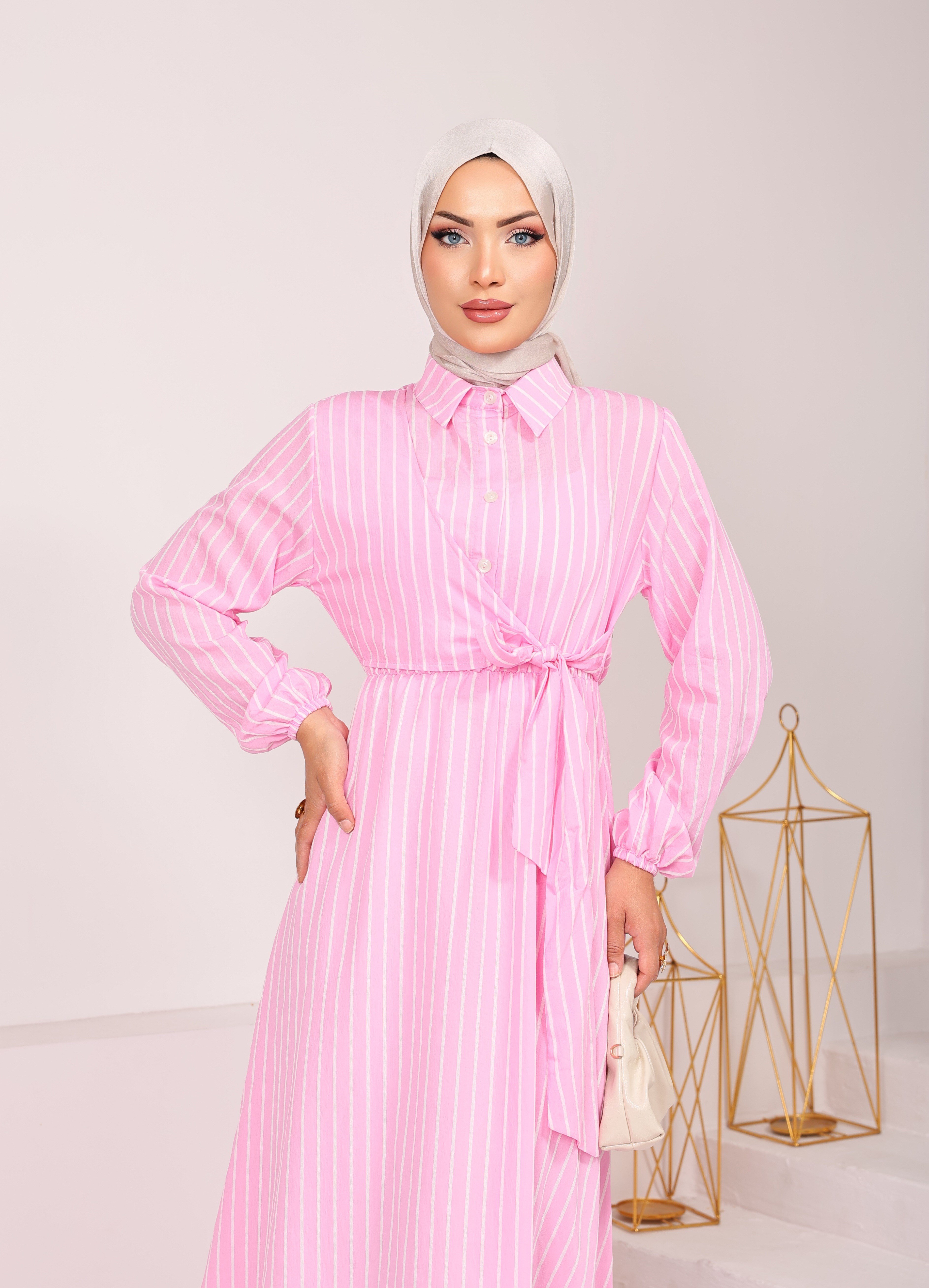 9723  YANDAN BAĞLAMALI MODAL VİSKON YENİ SEZON ÇİZGİLİ ELBİSE PEMBE 