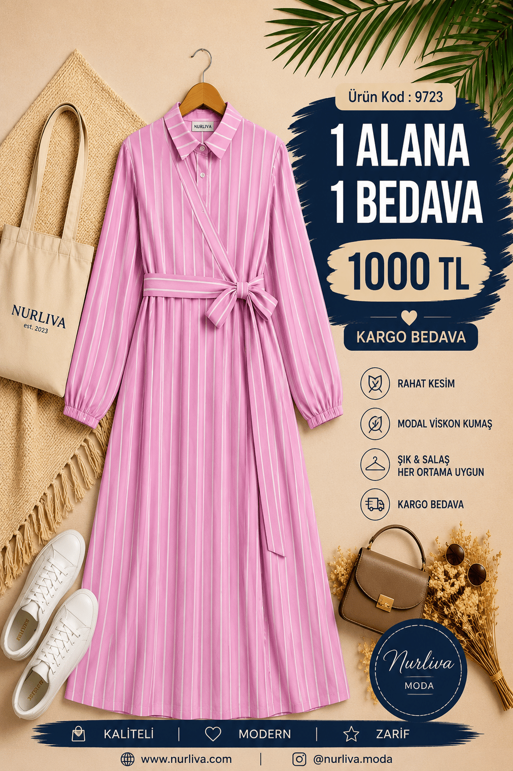 9723  YANDAN BAĞLAMALI MODAL VİSKON YENİ SEZON ÇİZGİLİ ELBİSE PEMBE 