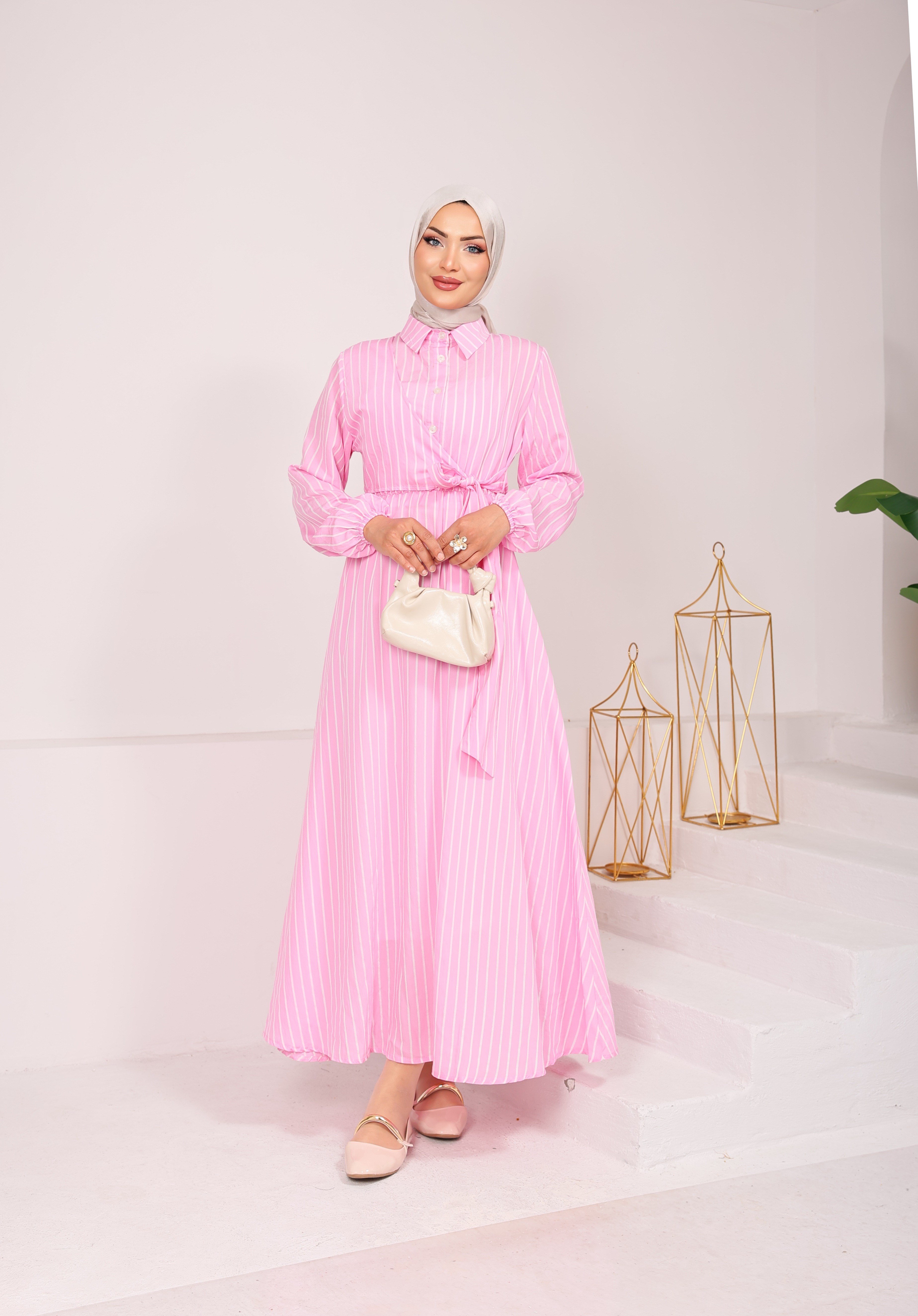9723  YANDAN BAĞLAMALI MODAL VİSKON YENİ SEZON ÇİZGİLİ ELBİSE PEMBE 