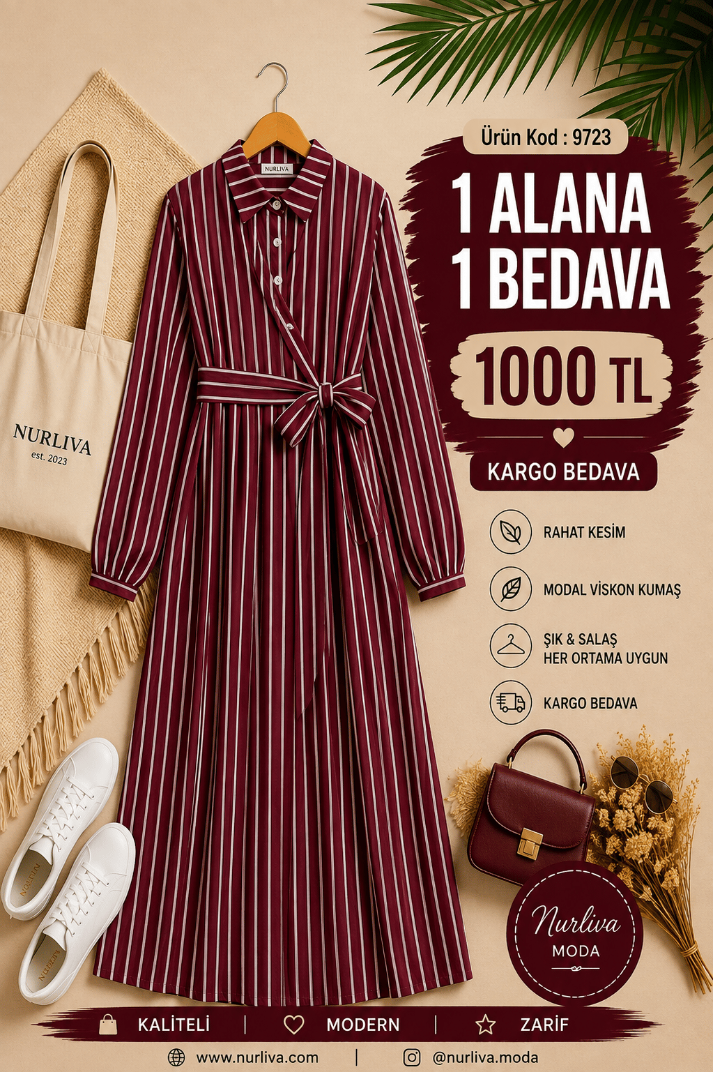 9723  YANDAN BAĞLAMALI MODAL VİSKON YENİ SEZON ÇİZGİLİ ELBİSE  BORDO 