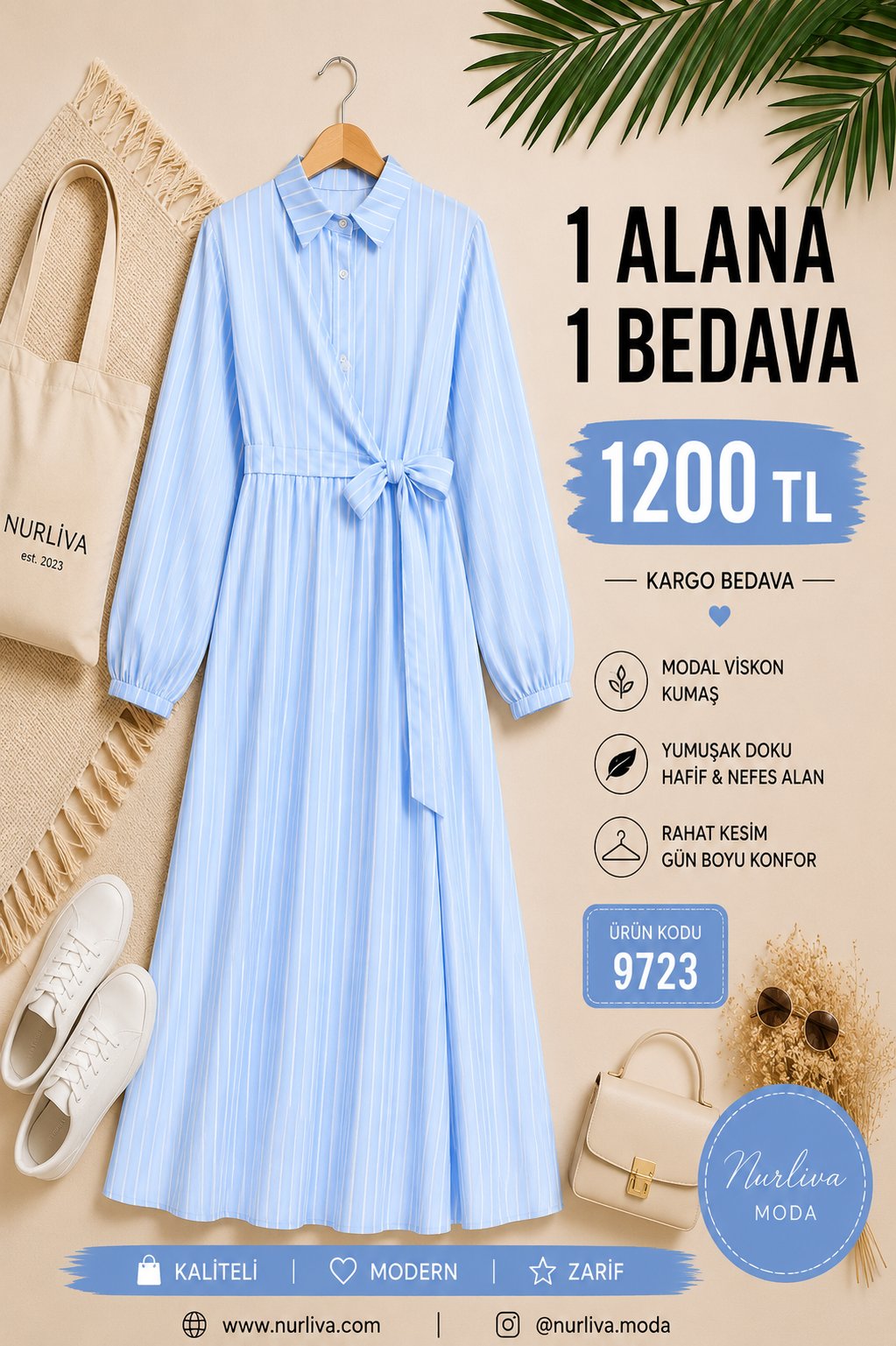 9723  YANDAN BAĞLAMALI MODAL VİSKON YENİ SEZON ÇİZGİLİ ELBİSE BEBEMAVİ 