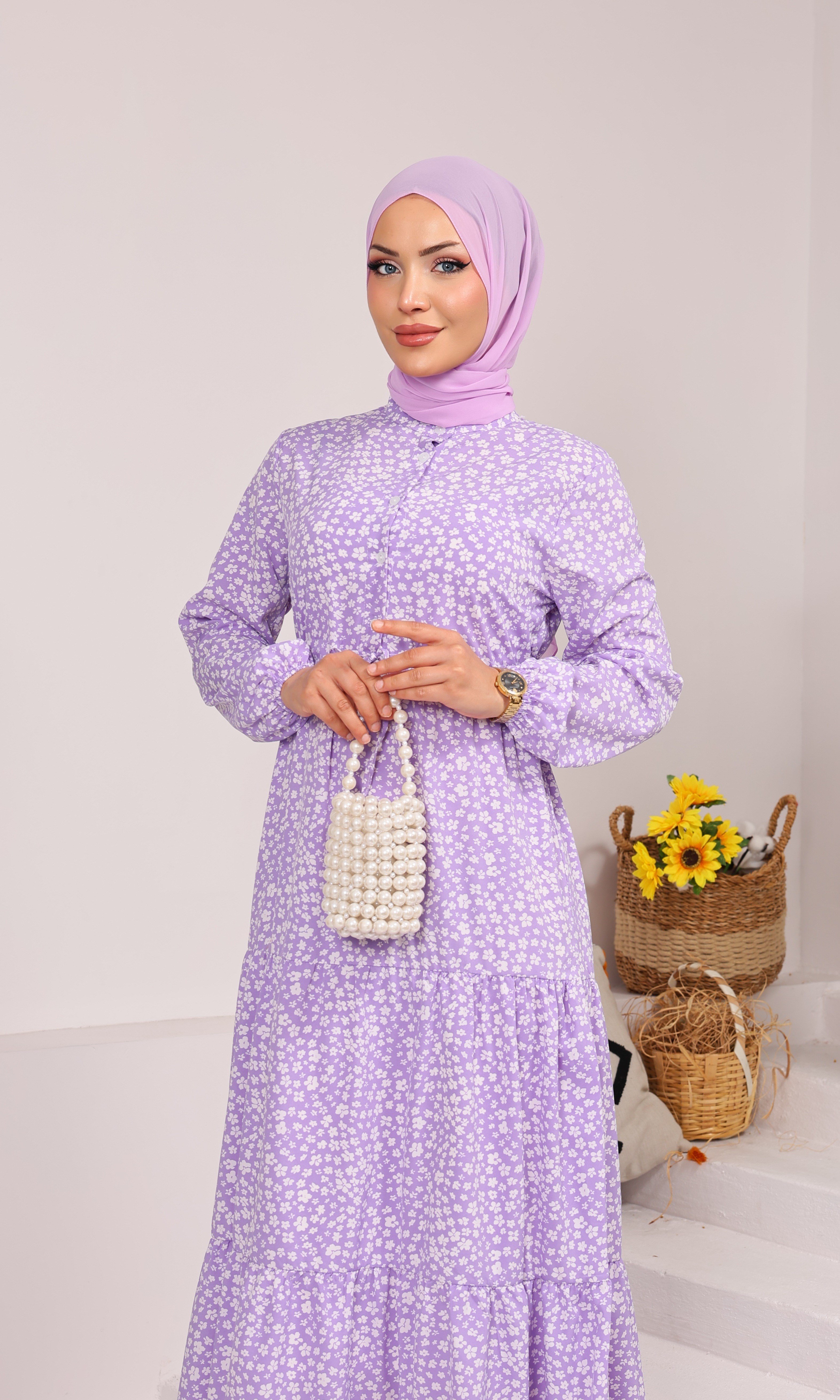 98149 ÇİÇEK DESENLİ BELDEN BAĞLAMALI VİSKON ELBİSE LİLA 