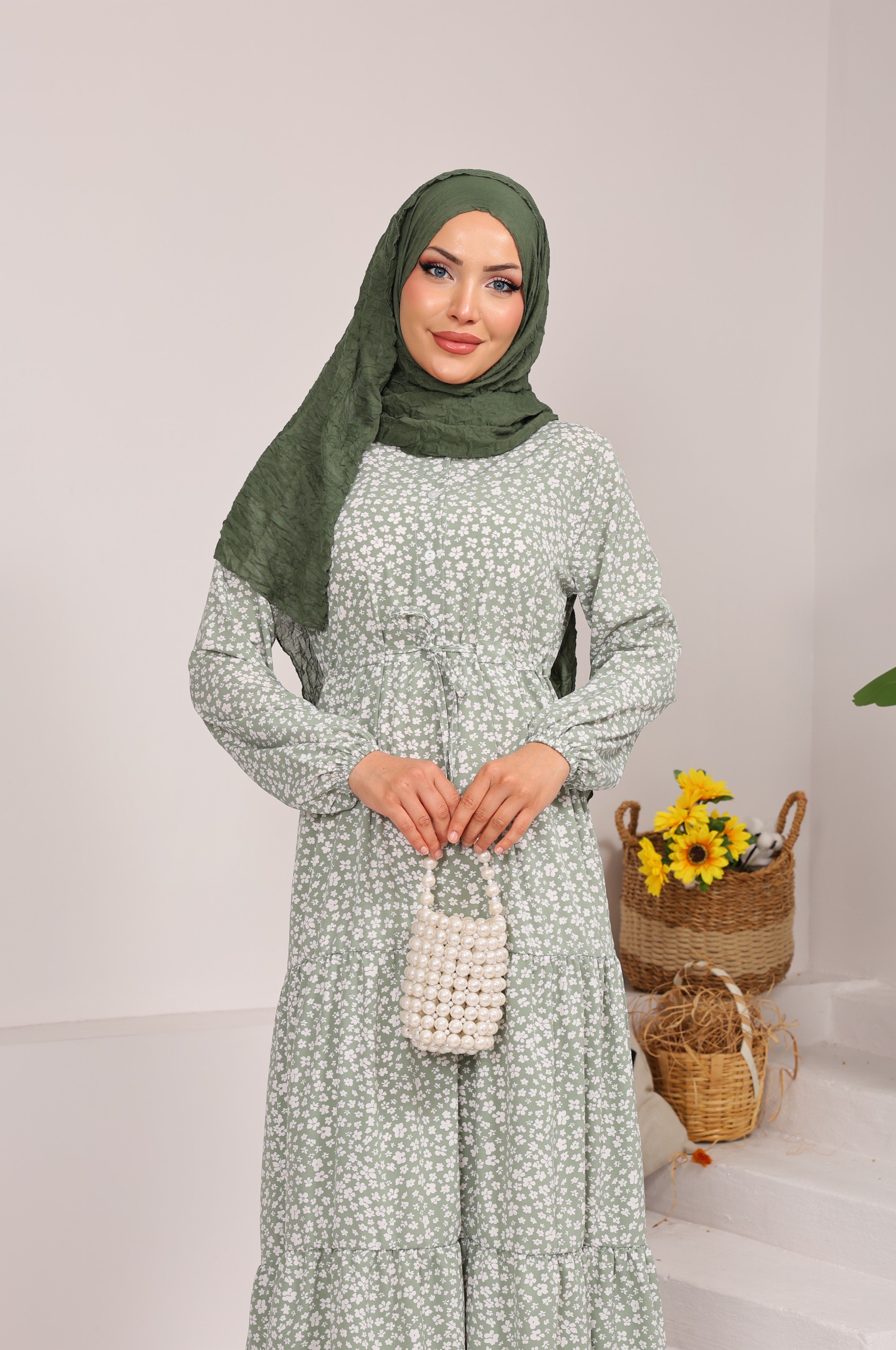 98149 ÇİÇEK DESENLİ BELDEN BAĞLAMALI VİSKON ELBİSE YEŞİL 