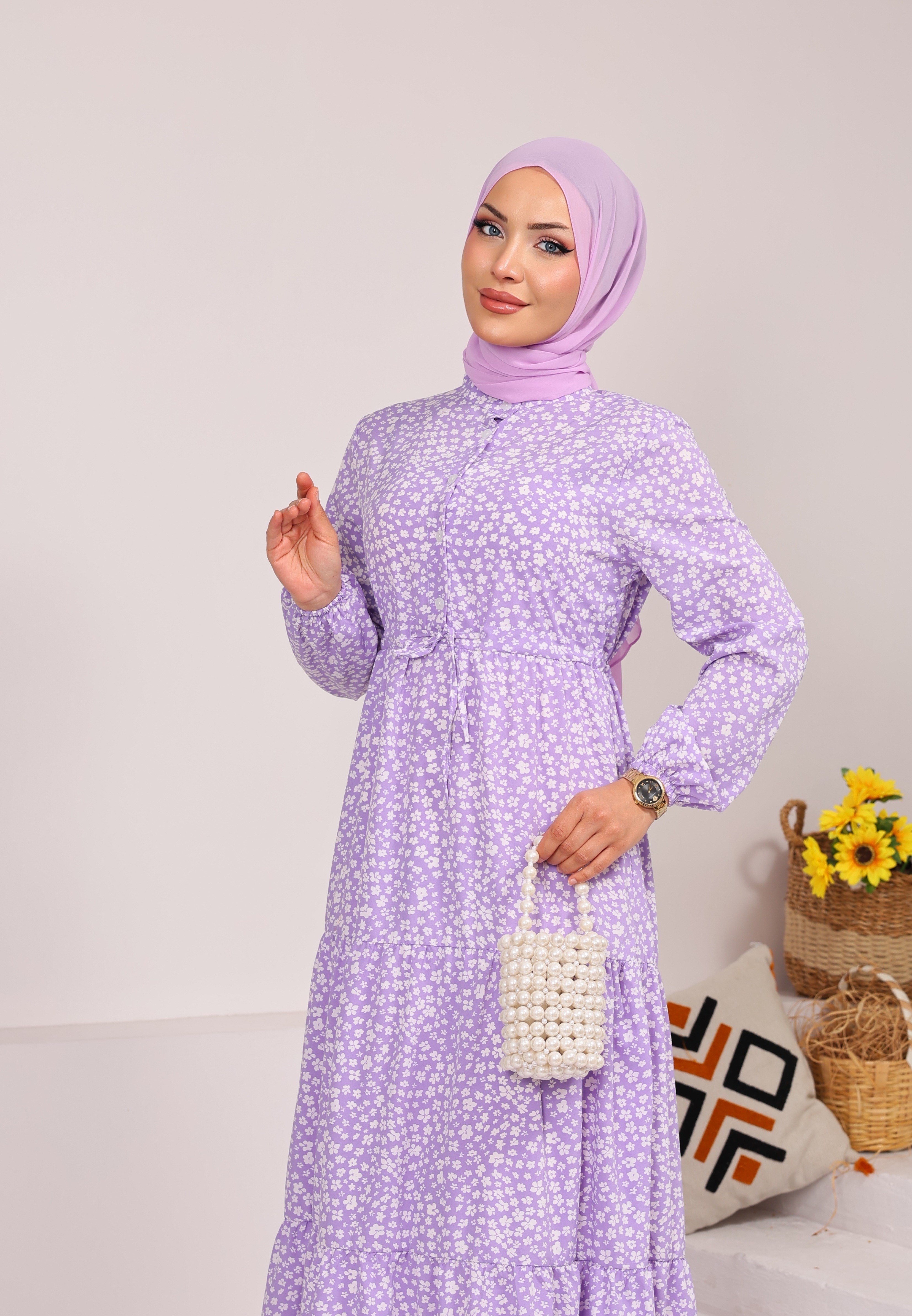98149 ÇİÇEK DESENLİ BELDEN BAĞLAMALI VİSKON ELBİSE LİLA 