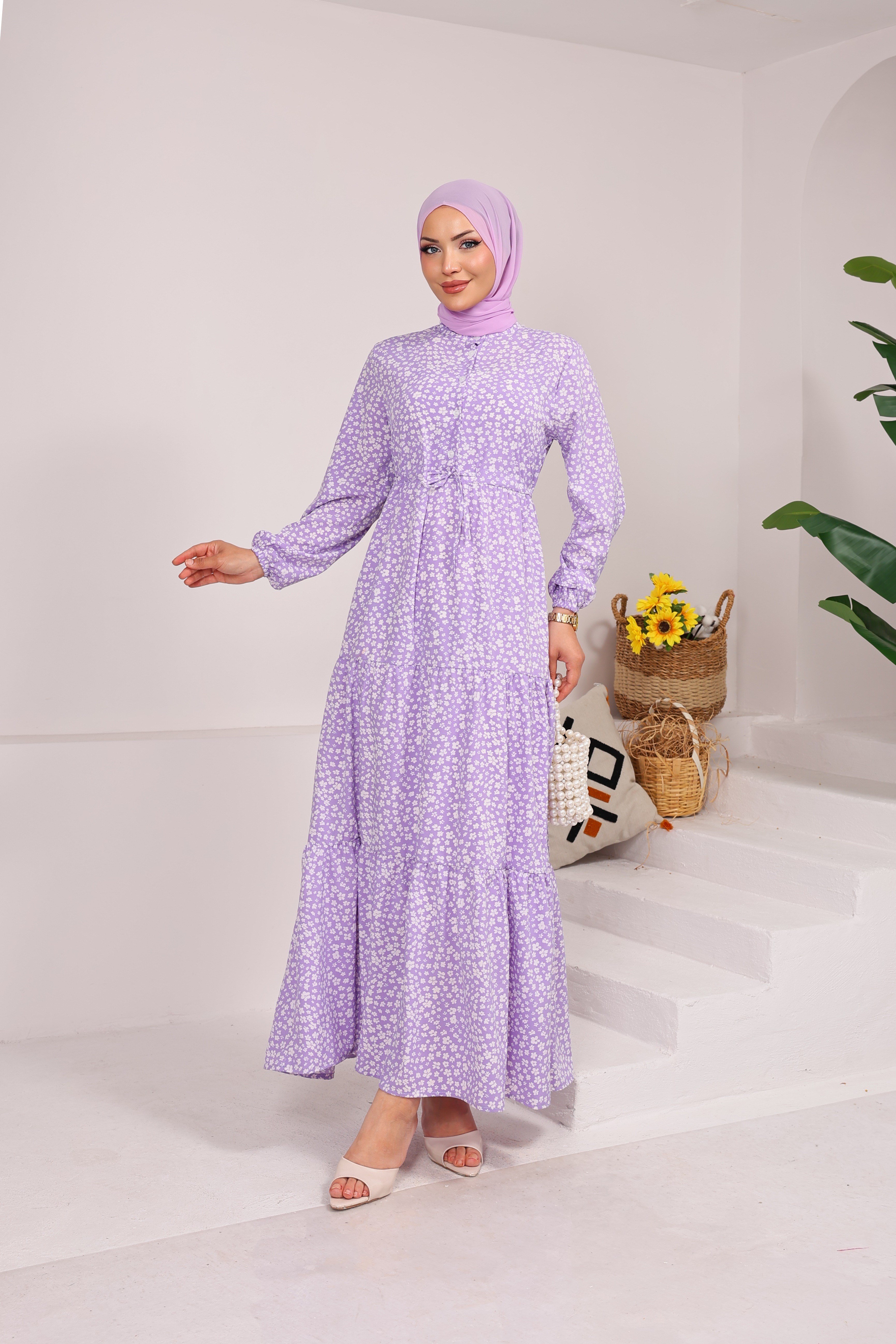 98149 ÇİÇEK DESENLİ BELDEN BAĞLAMALI VİSKON ELBİSE LİLA 