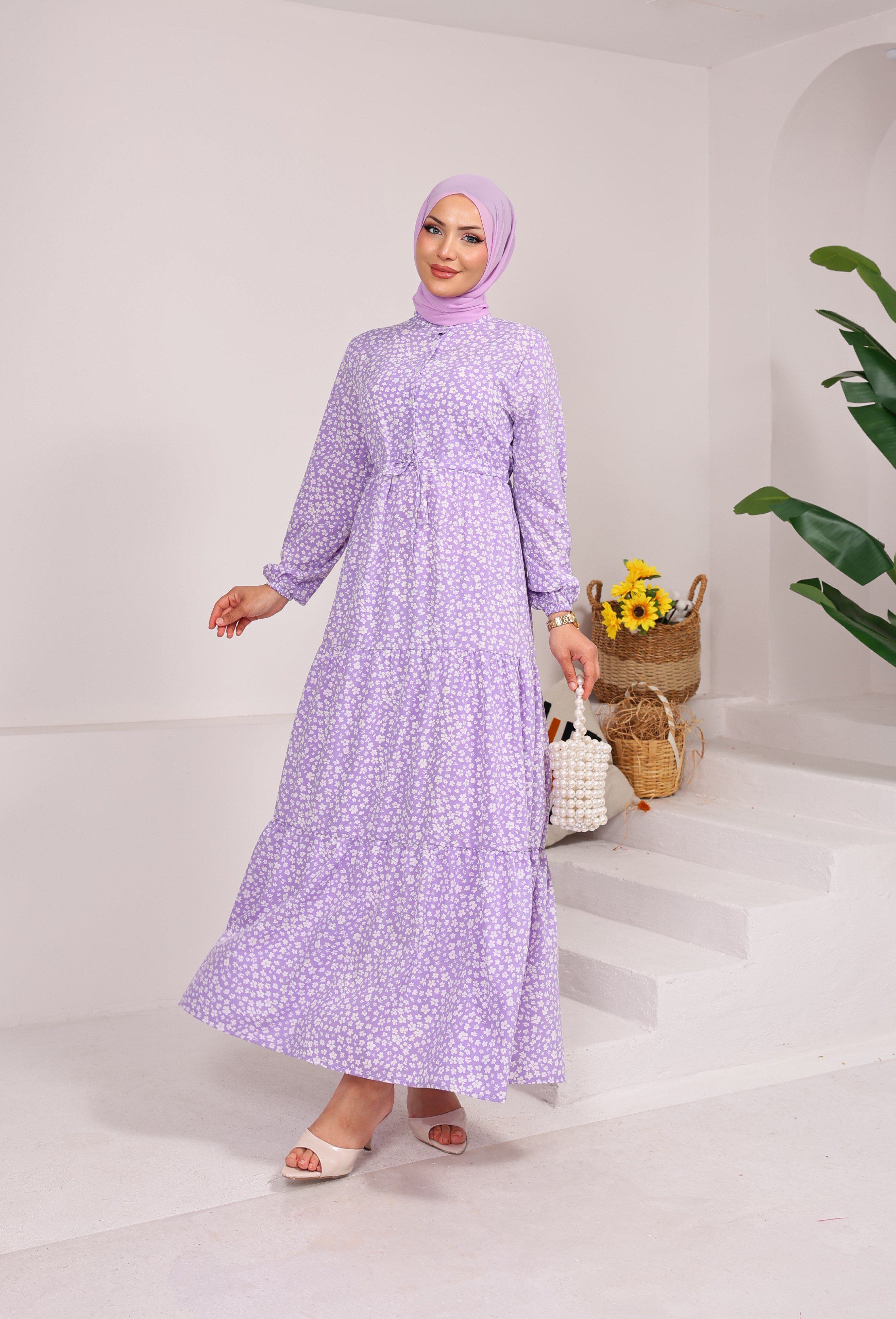 98149 ÇİÇEK DESENLİ BELDEN BAĞLAMALI VİSKON ELBİSE LİLA 