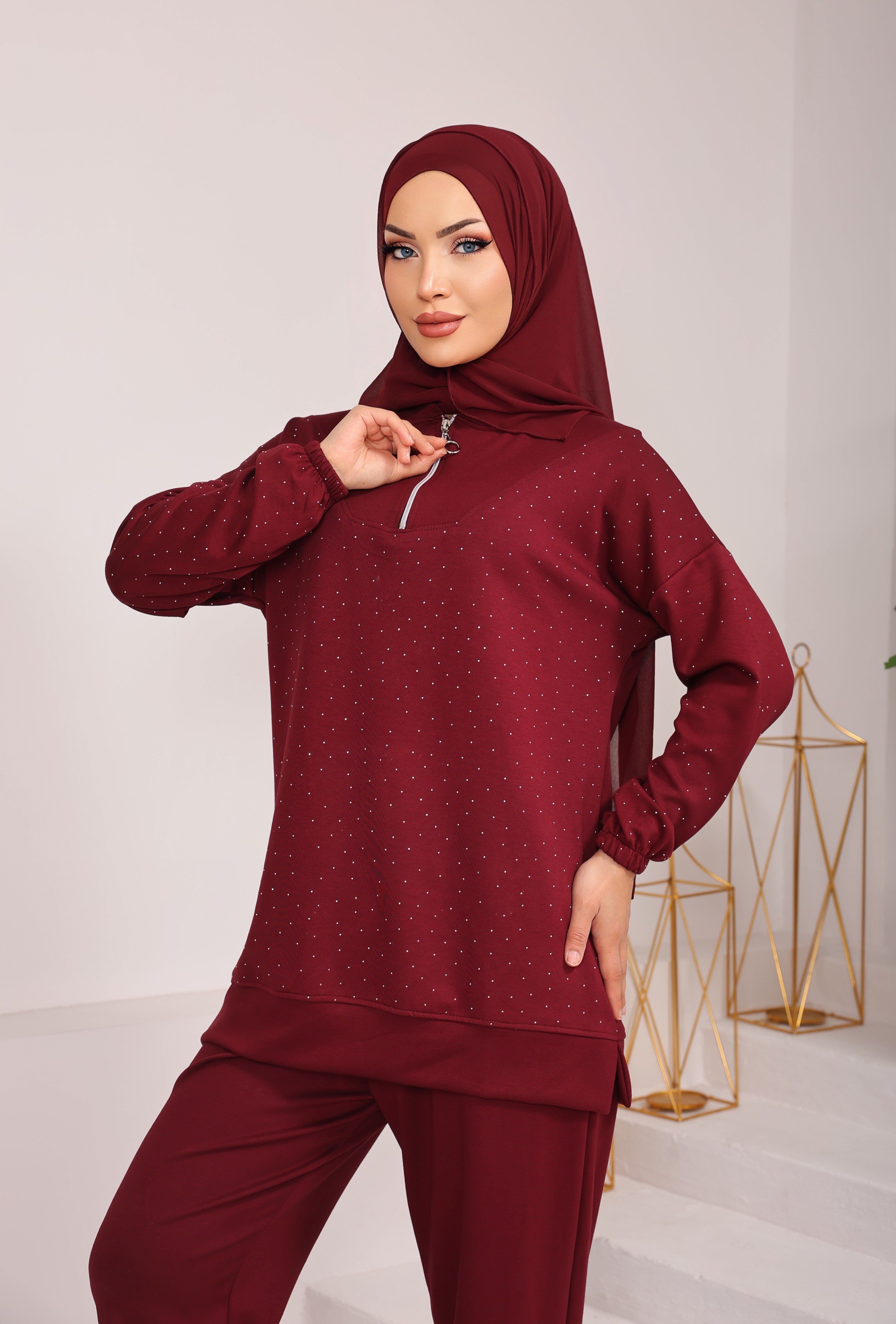 TAŞ DETAYLI FERMUARLI PANTOLON TUNİK TAKIM BORDO