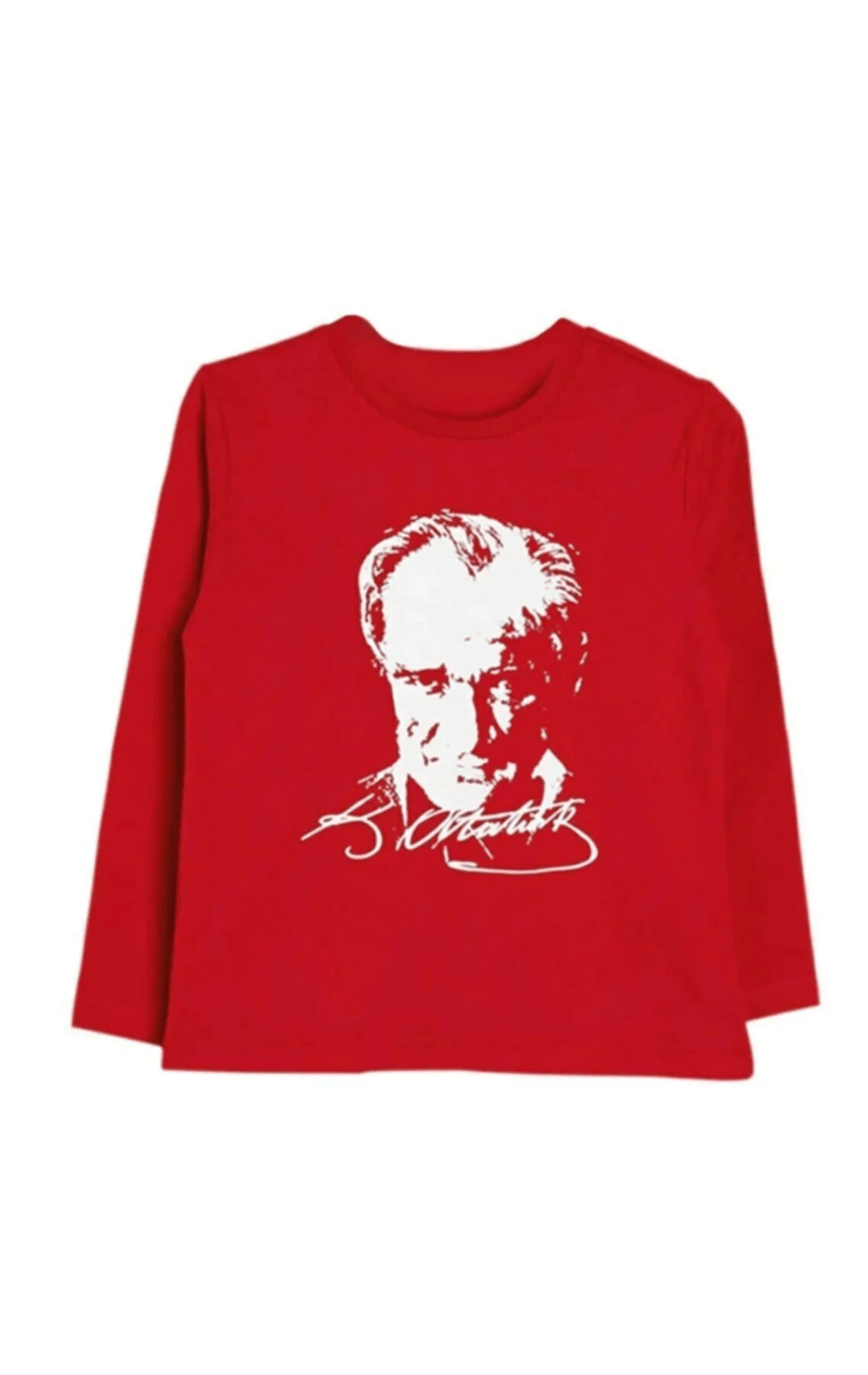 Atatürk Baskılı İmza Detay Kırmızı Uzun Kollu Tşört
