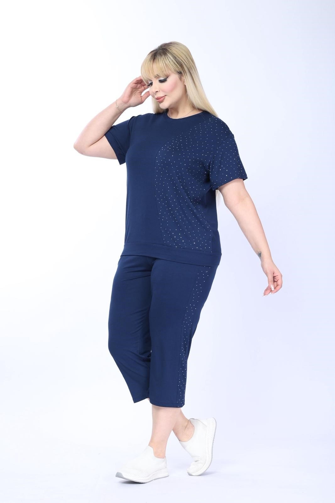 Kadın Alt-Üst Kısa Kısa Kol  2'li Lacivert Taş Detaylı Şık Penye Takım