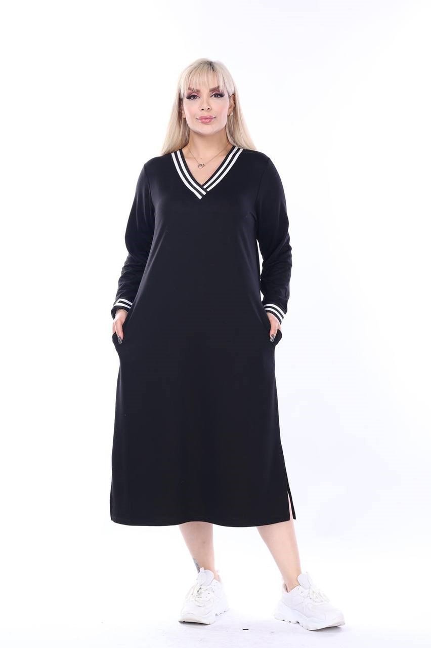 Kadın Büyük Beden Siyah Viskon Penye V Yaka Şık Elbise