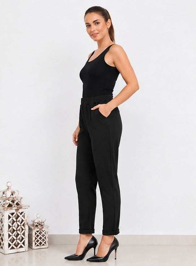 Kadın Esnek Krep Kumaş Duble Paça Beli Lastikli Siyah Pantolon