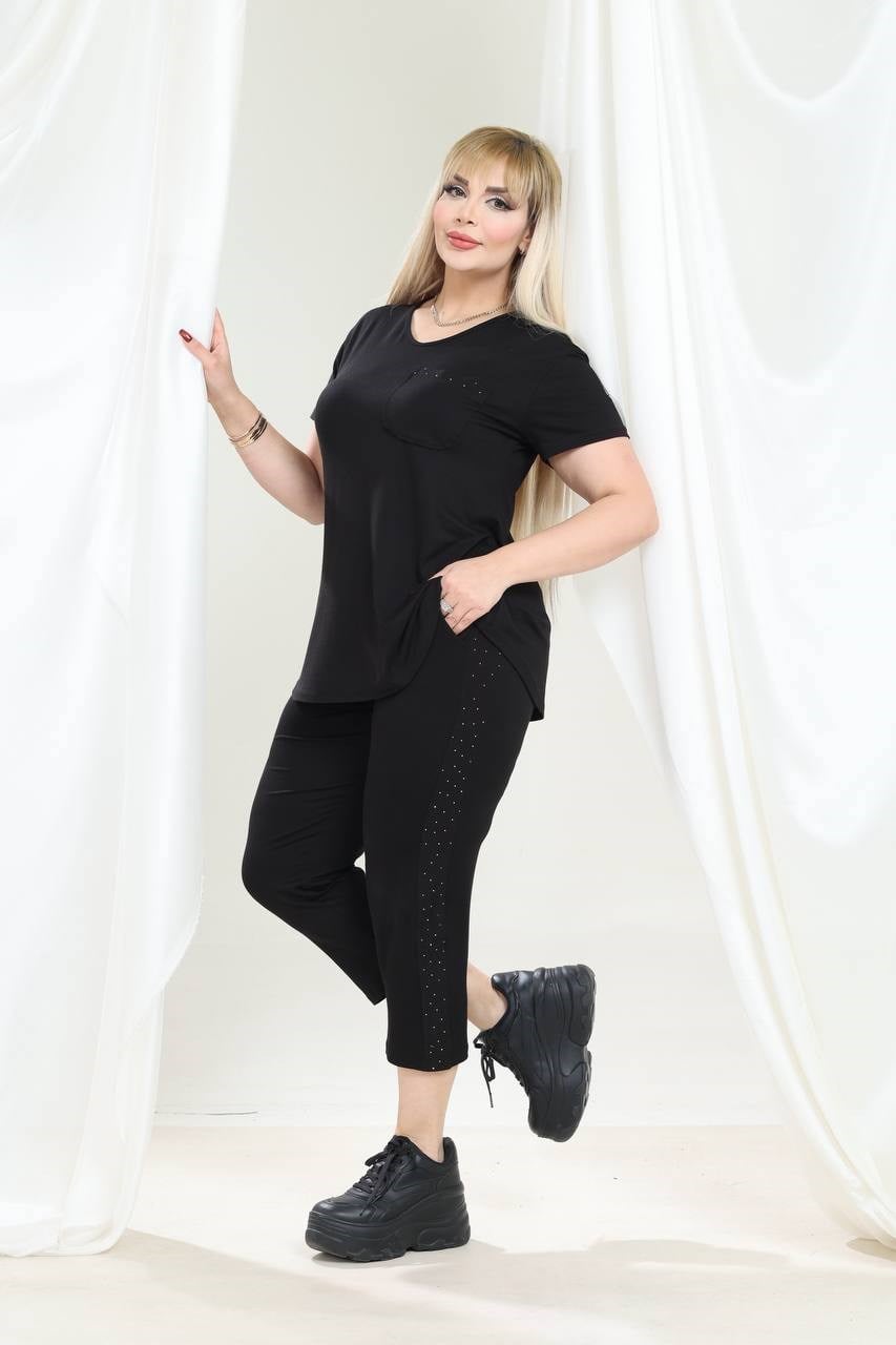 Kadın Kapri Tshirt Taş Detaylı Şık Viskon Penye Takım