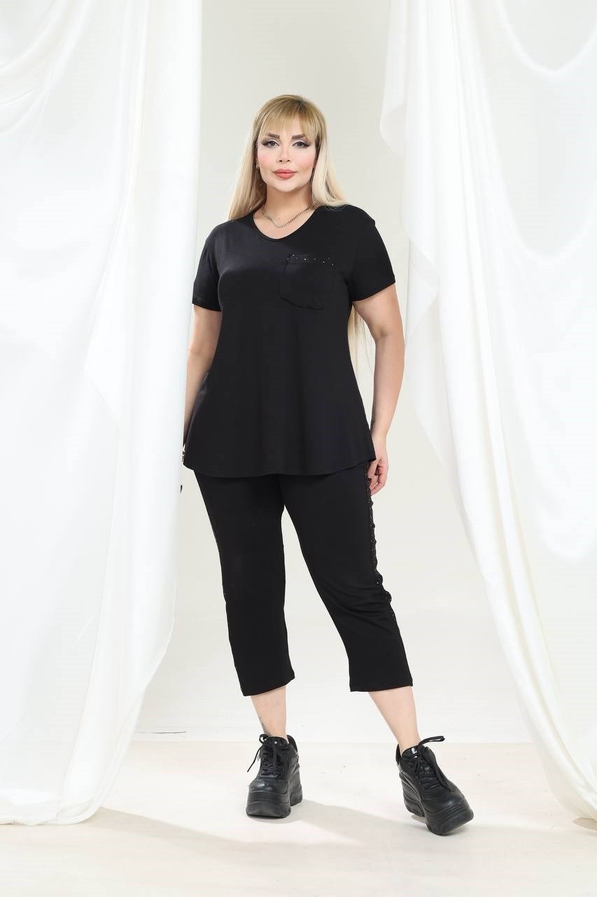 Kadın Kapri Tshirt Taş Detaylı Şık Viskon Penye Takım