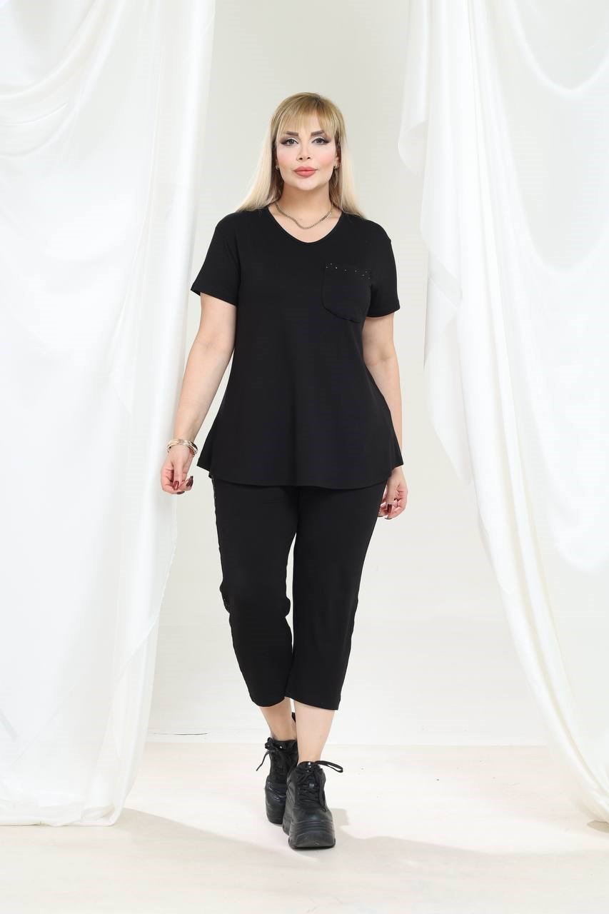 Kadın Kapri Tshirt Taş Detaylı Şık Viskon Penye Takım