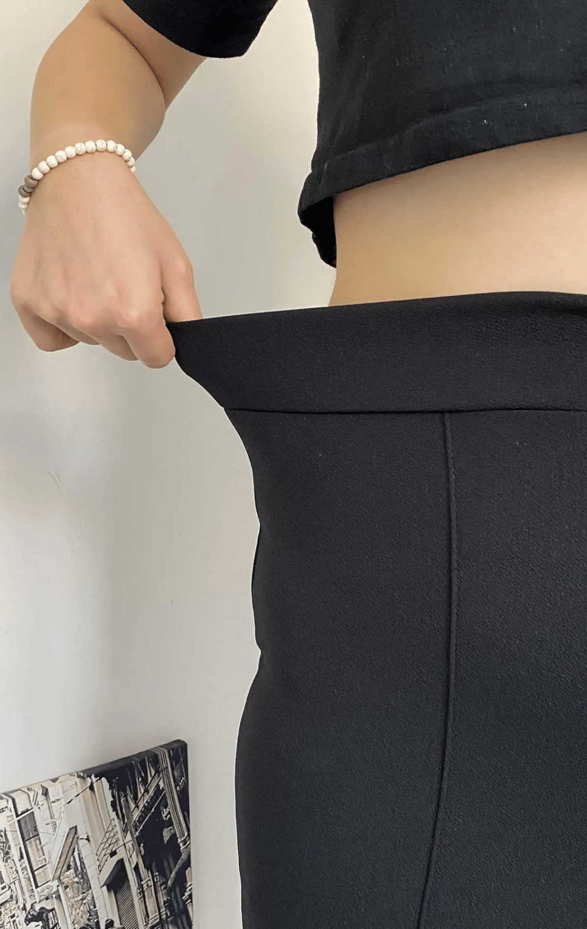 Kadın  Krep Kumaş Dar Paça Beli Lastikli Siyah Çizgi Detaylı  Pantolon