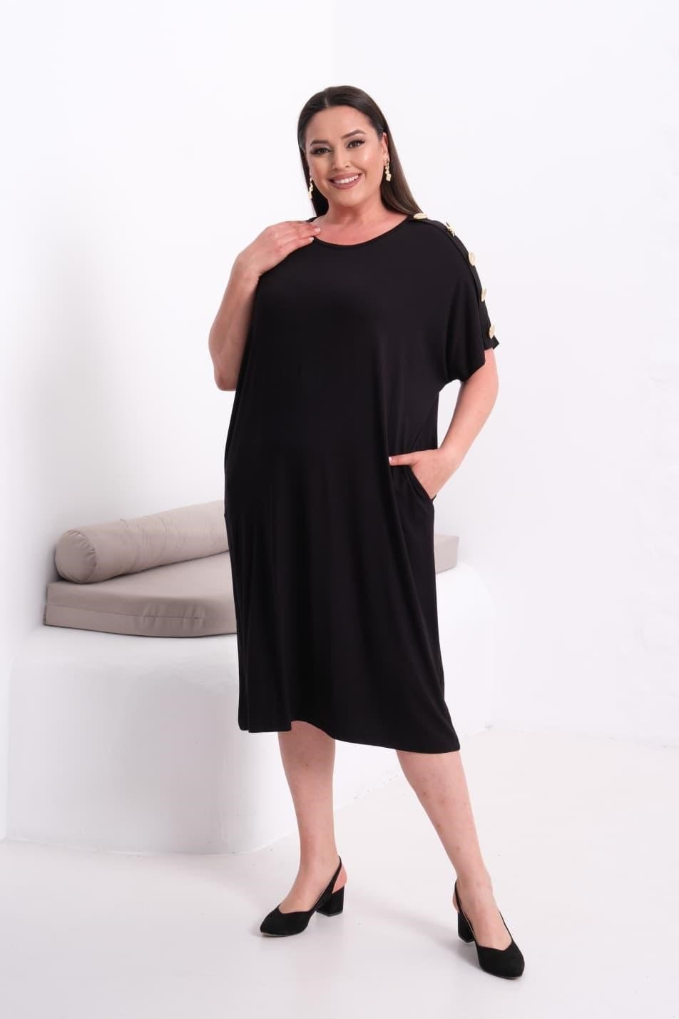 Kadın Omuz Düğmeli Cep Detaylı Siyah Penye Şık Elbise