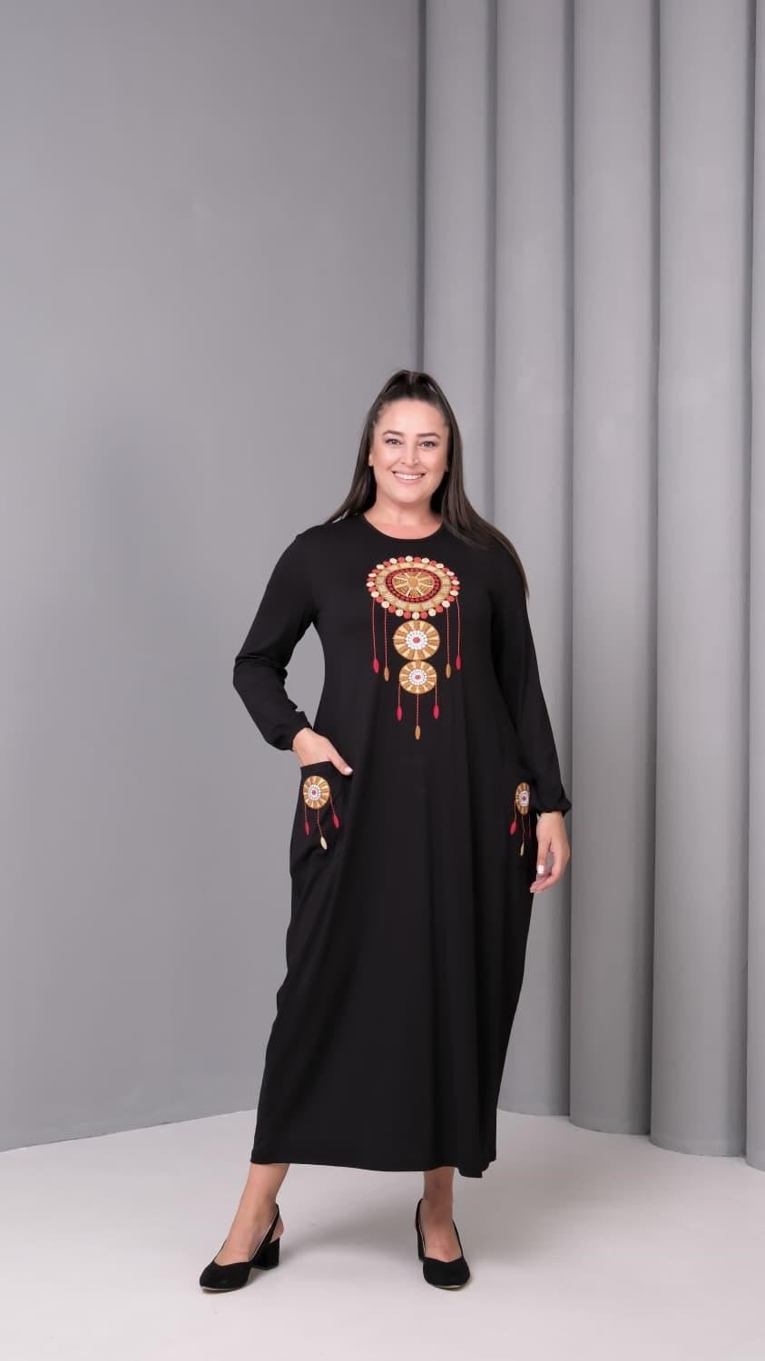 Kadın Siyah Etnik Desenli Uzun Kollu Viskon Penye Şık Elbise