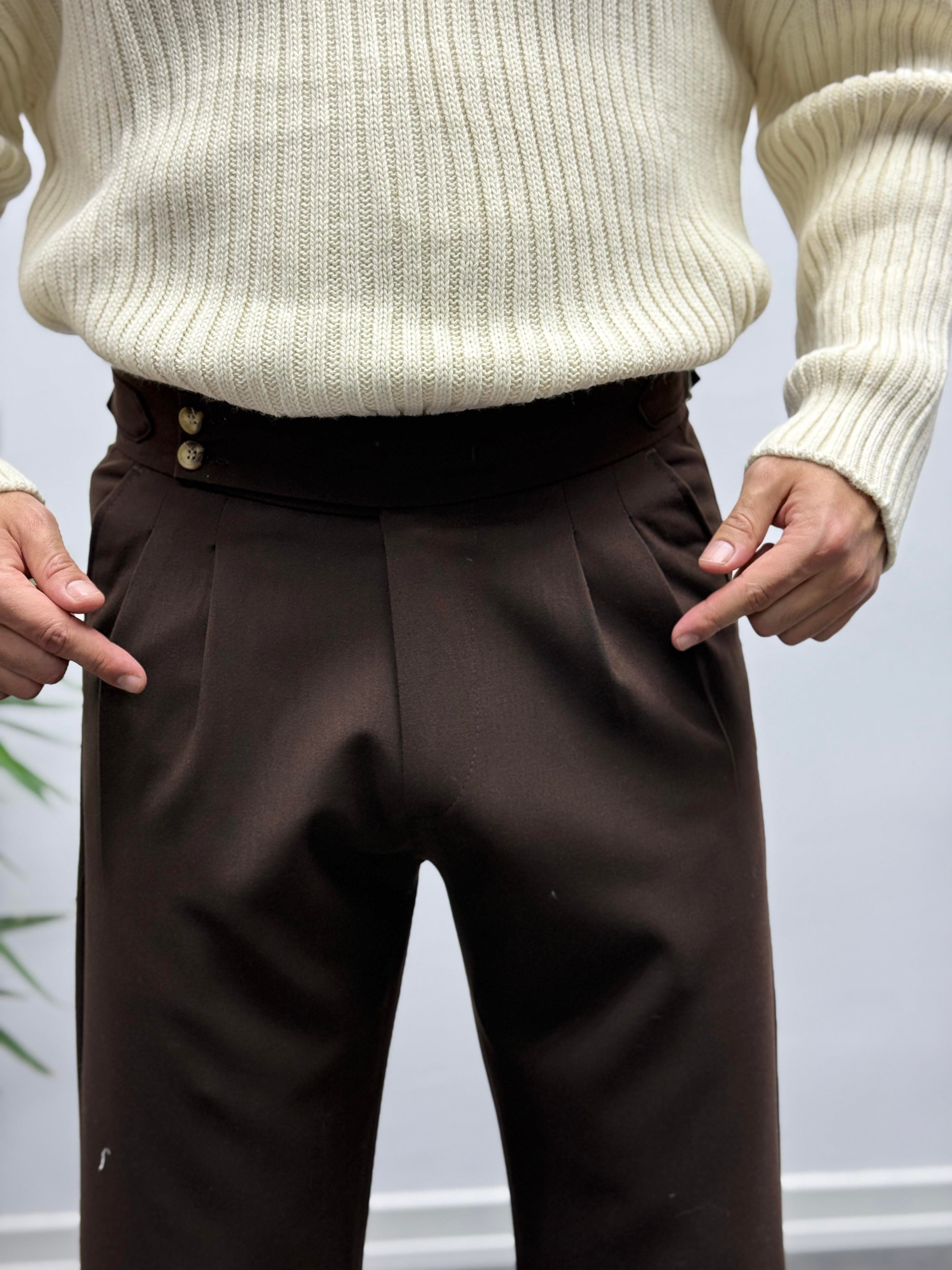 Acı Kahve Çift Toka Detaylı Baggy Kumaş Pantolon