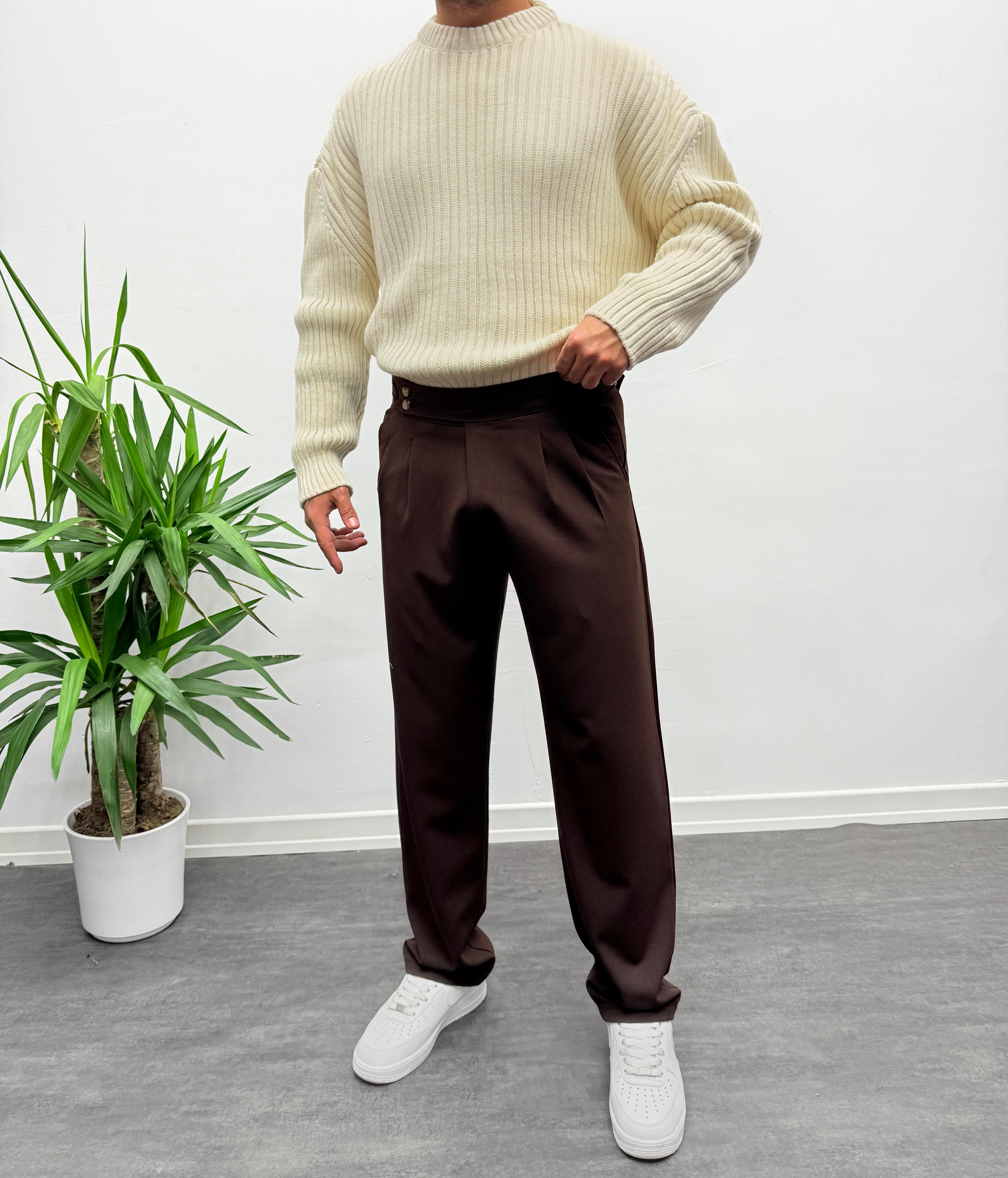 Acı Kahve Çift Toka Detaylı Baggy Kumaş Pantolon
