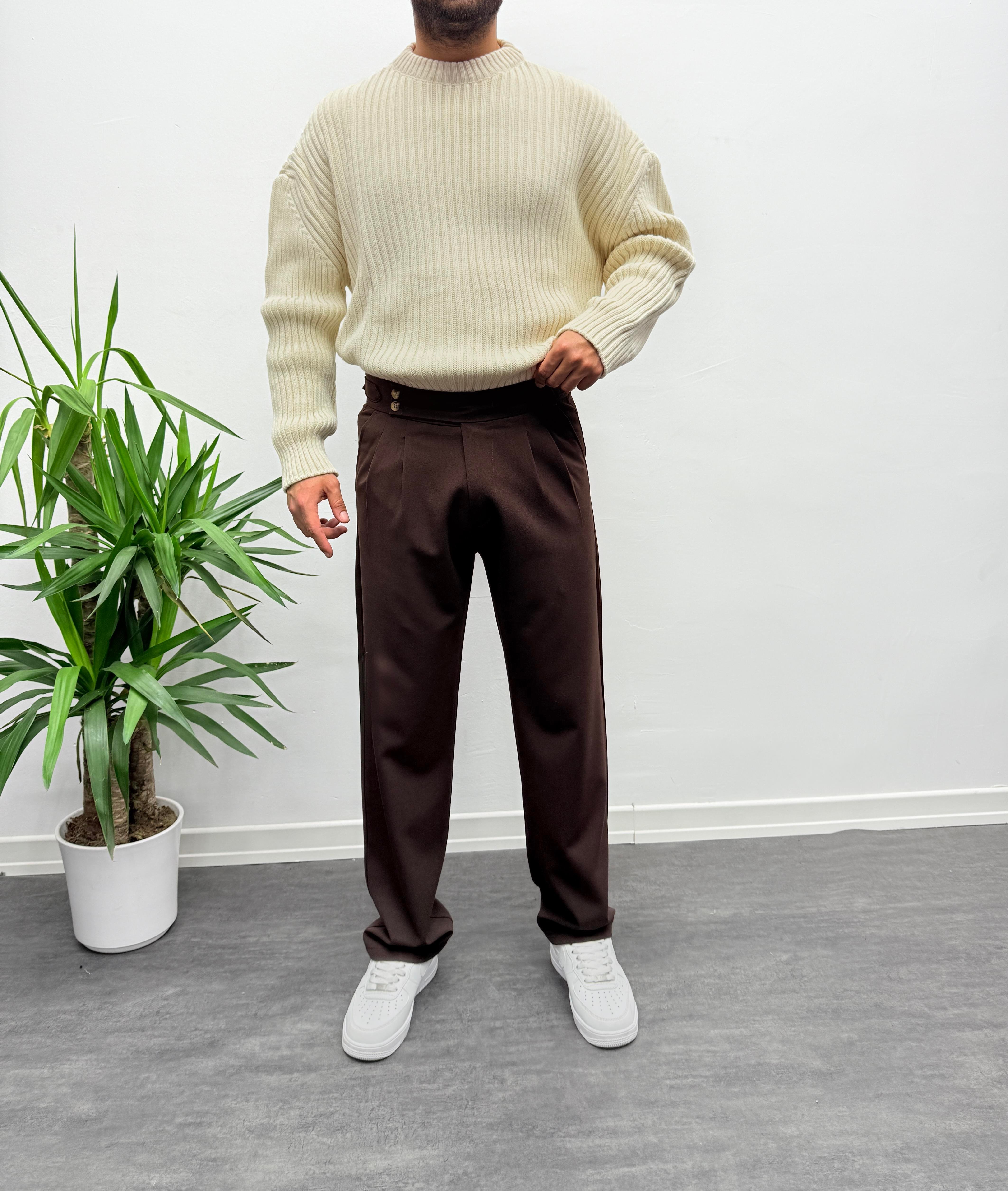 Acı Kahve Çift Toka Detaylı Baggy Kumaş Pantolon