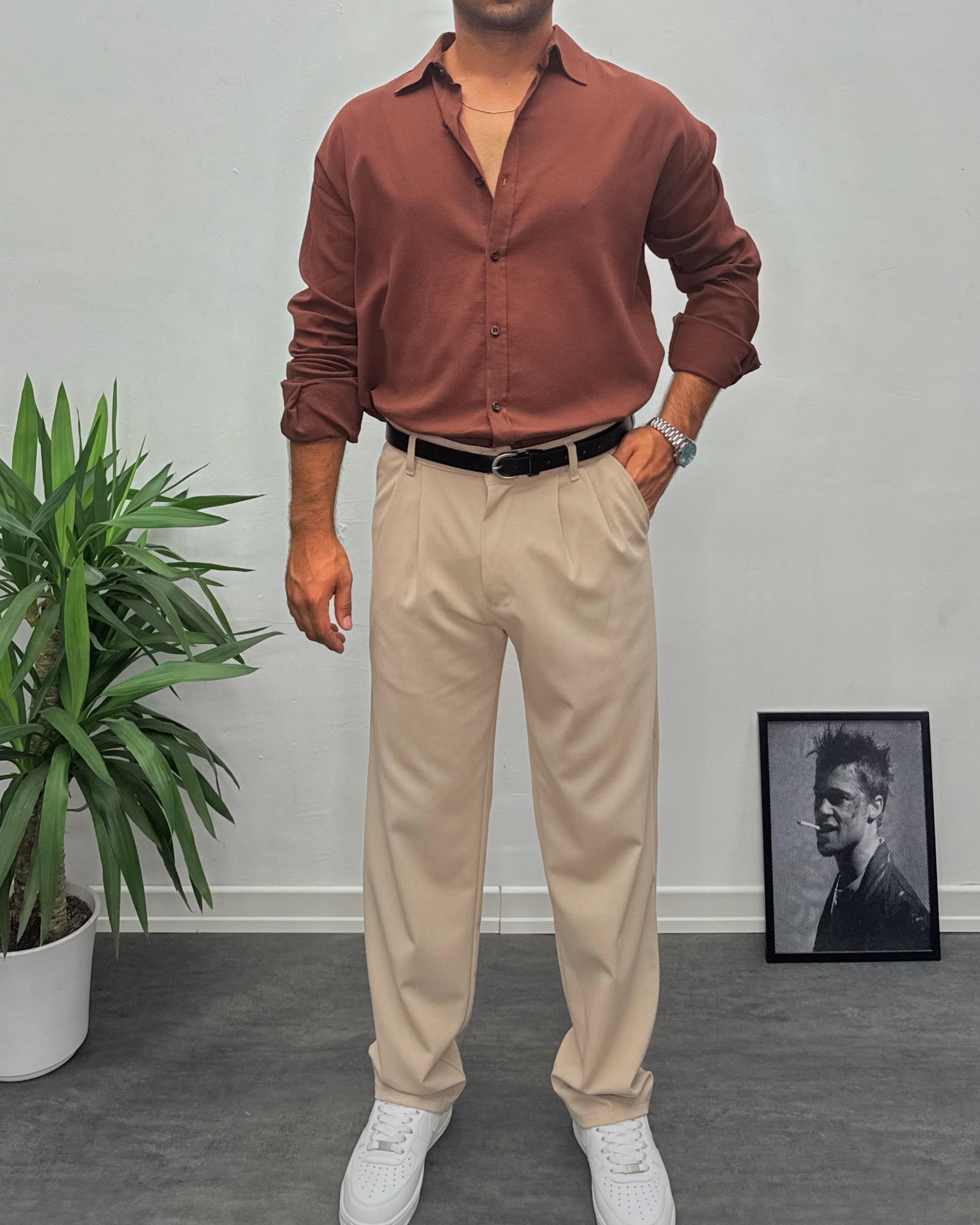 Acı Kahve Krinkıl Kumai Oversize Gömlek