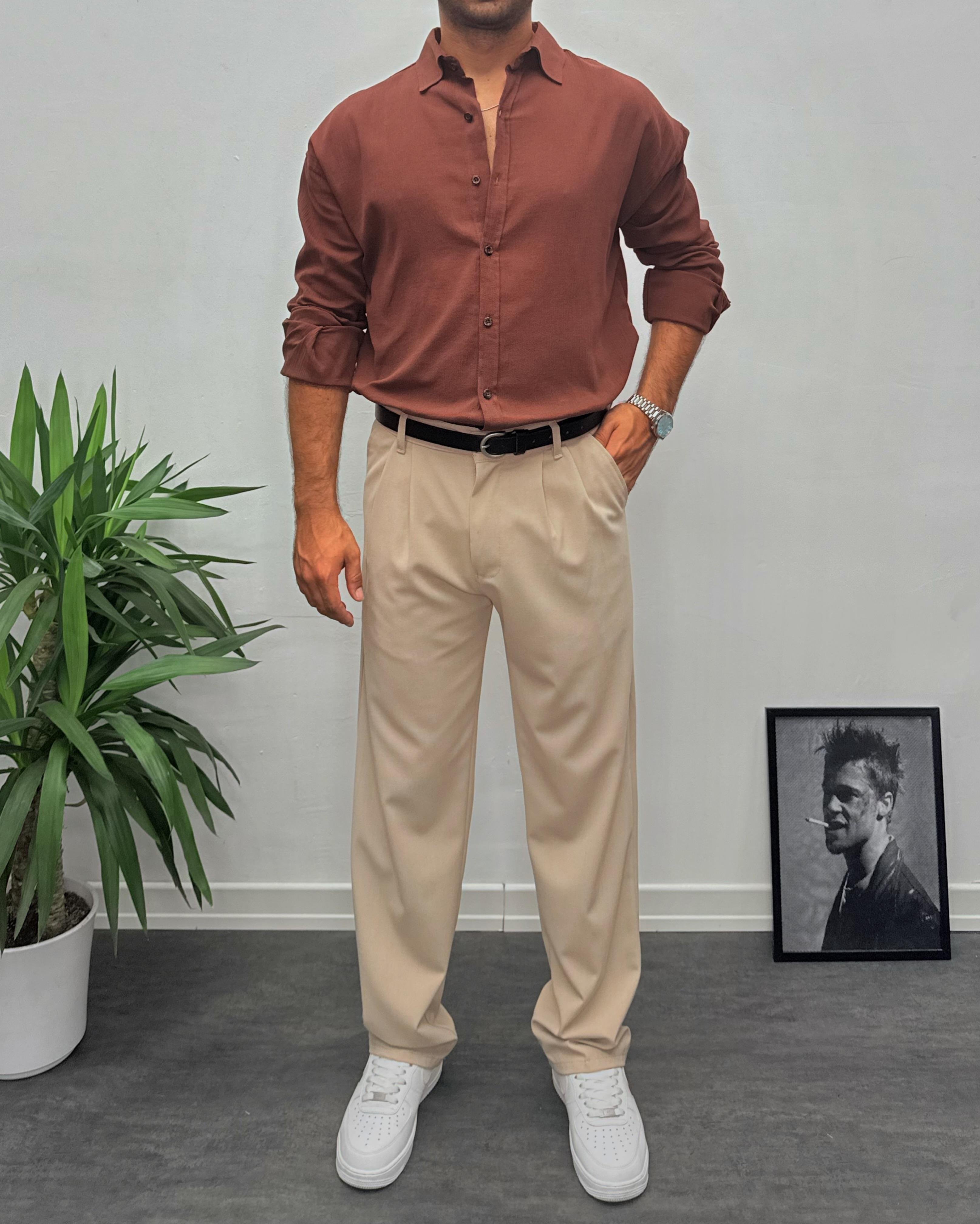 Acı Kahve Krinkıl Kumai Oversize Gömlek