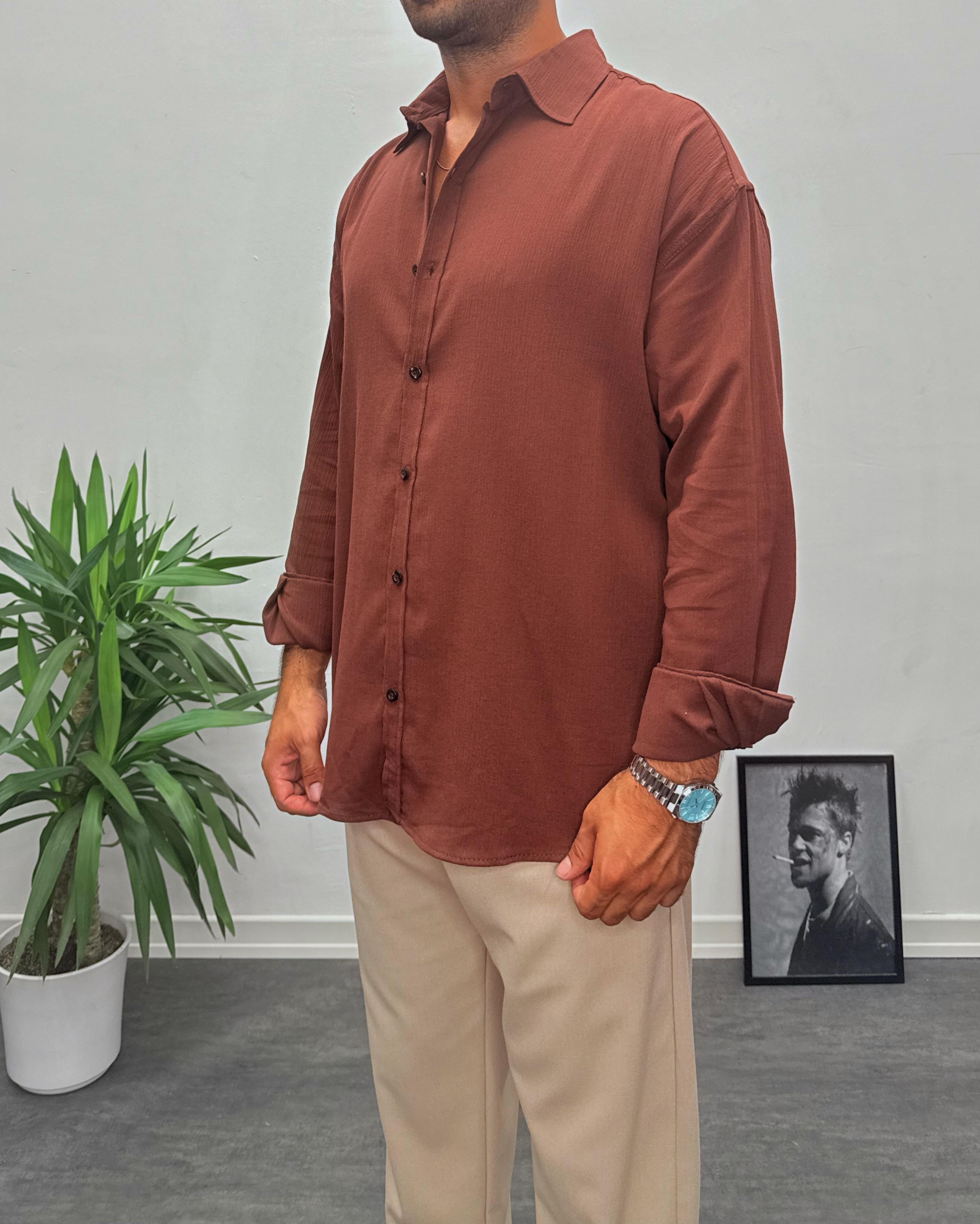 Acı Kahve Krinkıl Kumai Oversize Gömlek