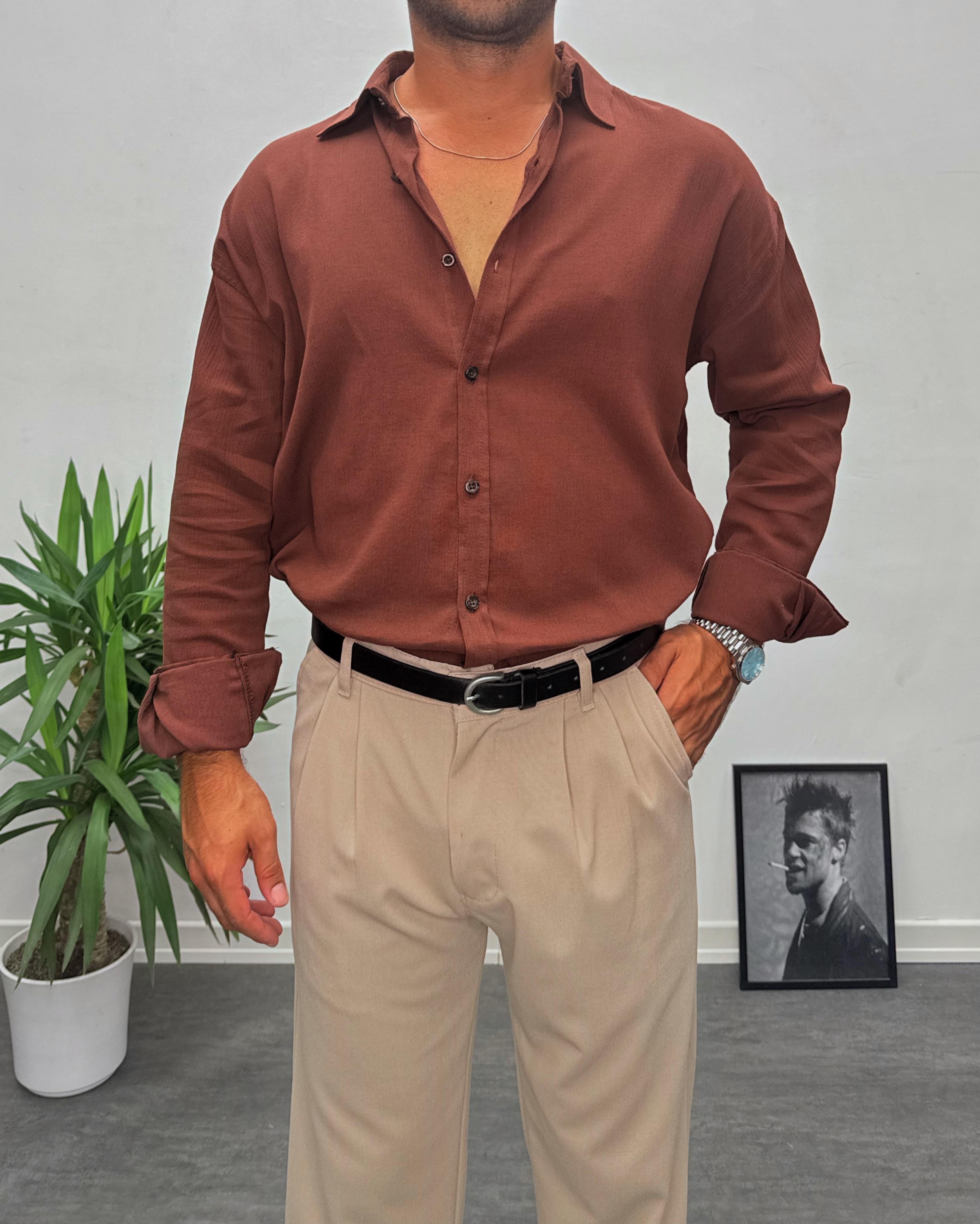 Acı Kahve Krinkıl Kumai Oversize Gömlek