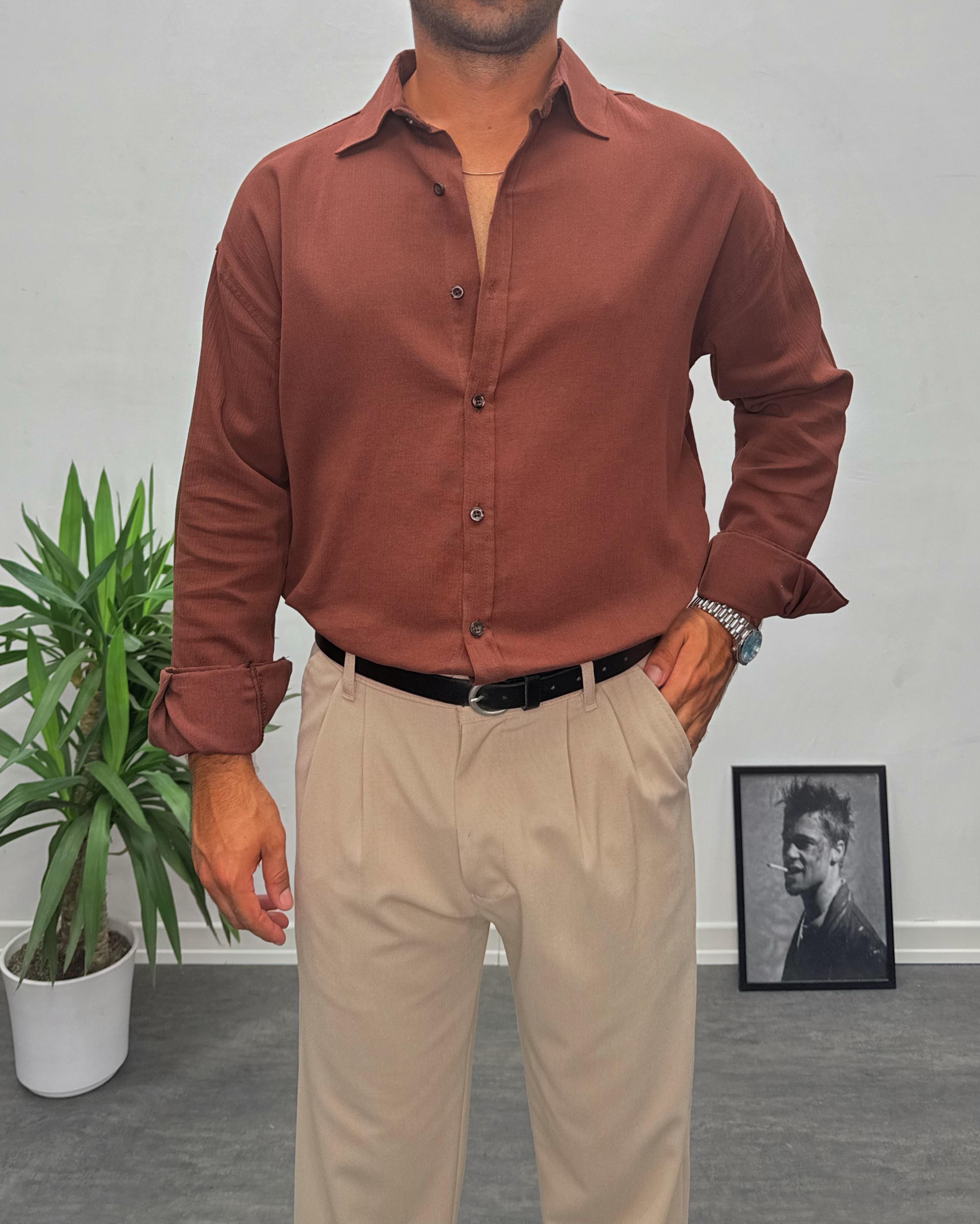 Acı Kahve Krinkıl Kumai Oversize Gömlek