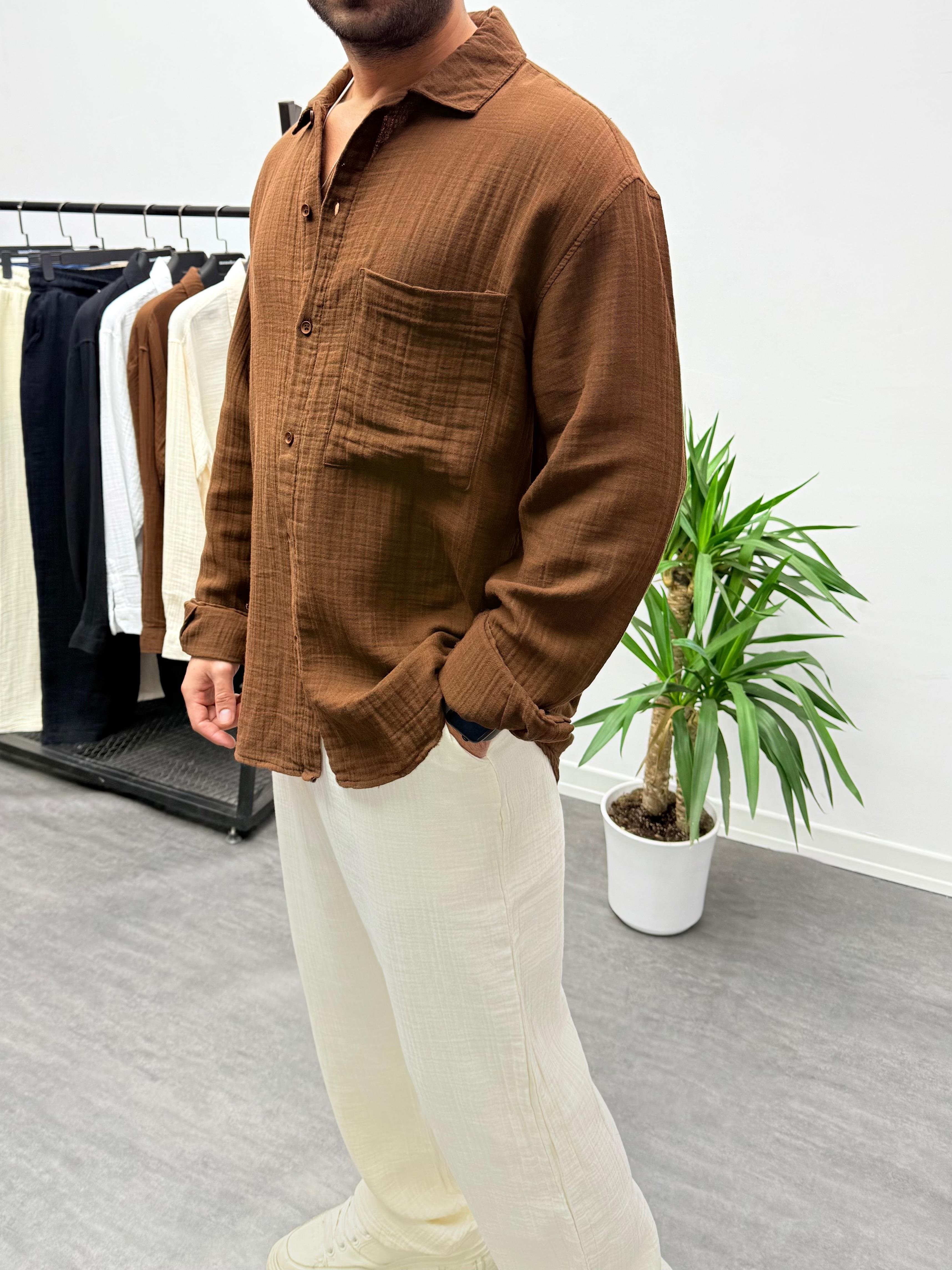 Acı Kahve Müslin Kumaş Oversize Gömlek