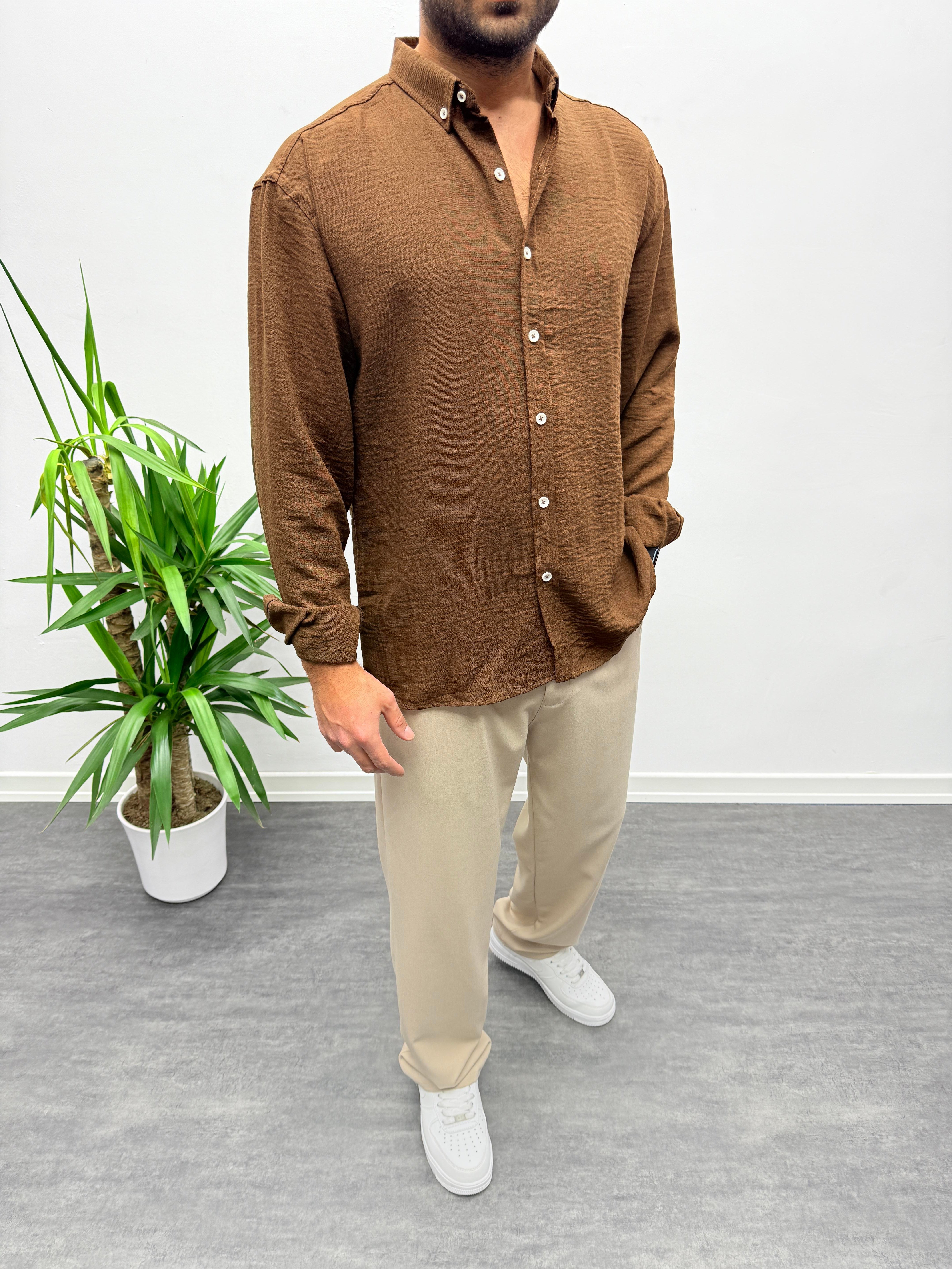 Acı Kahve Oversize Dokulu Gömlek