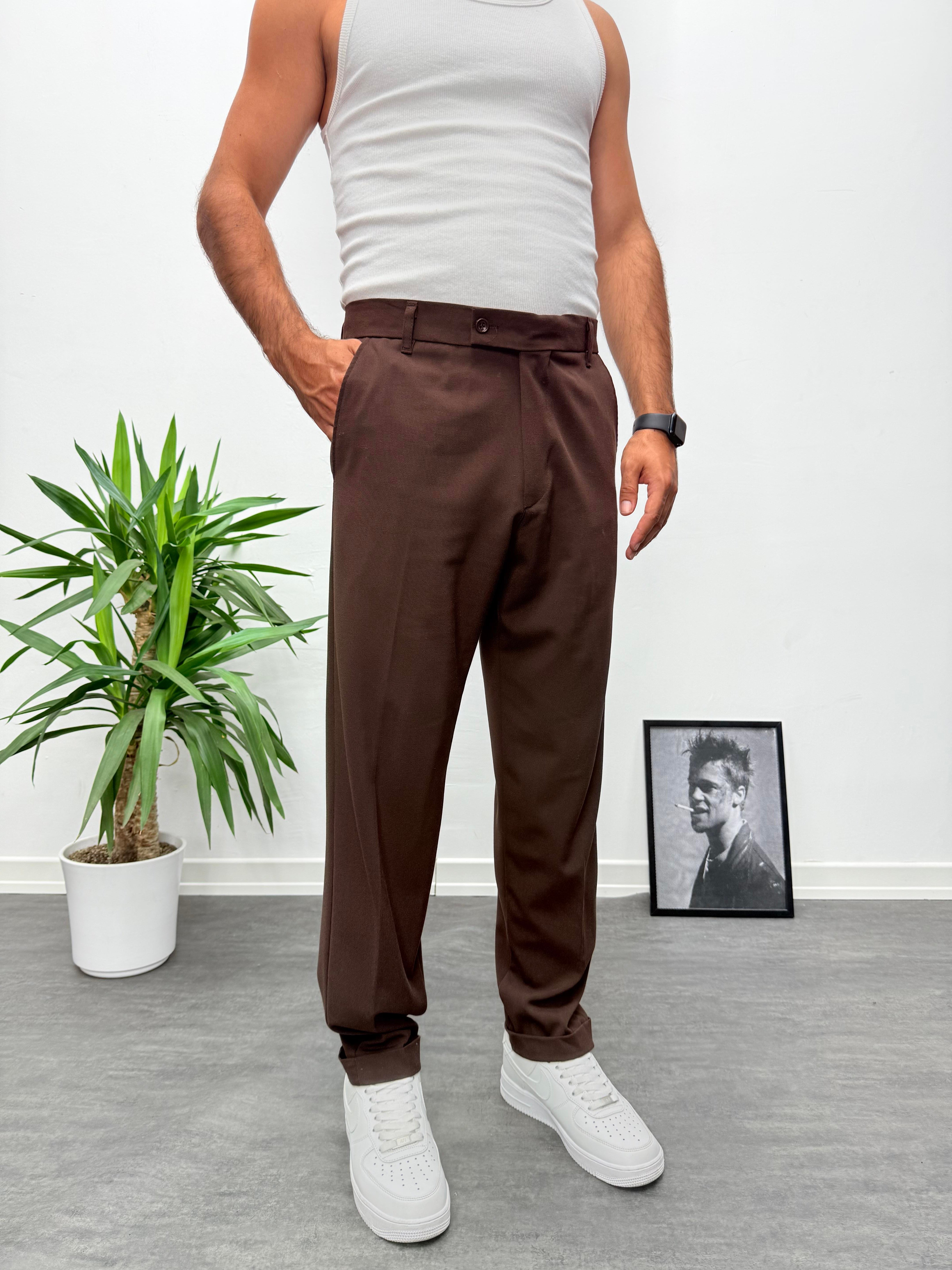 Acı Kahve Premium Kalite Bel Lastikli Duble Paça Gabardin Kumaş Pantolon