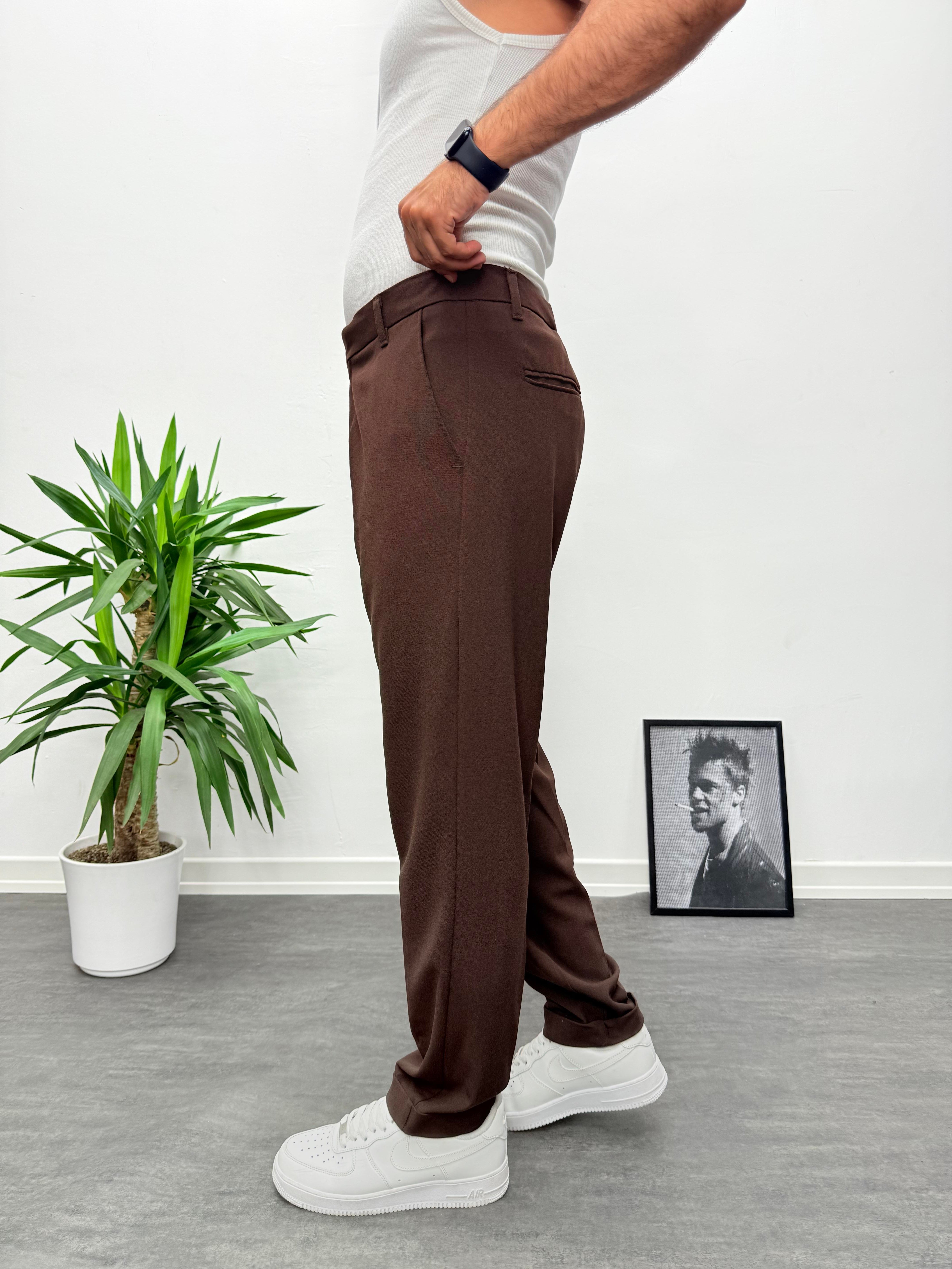 Acı Kahve Premium Kalite Bel Lastikli Duble Paça Gabardin Kumaş Pantolon