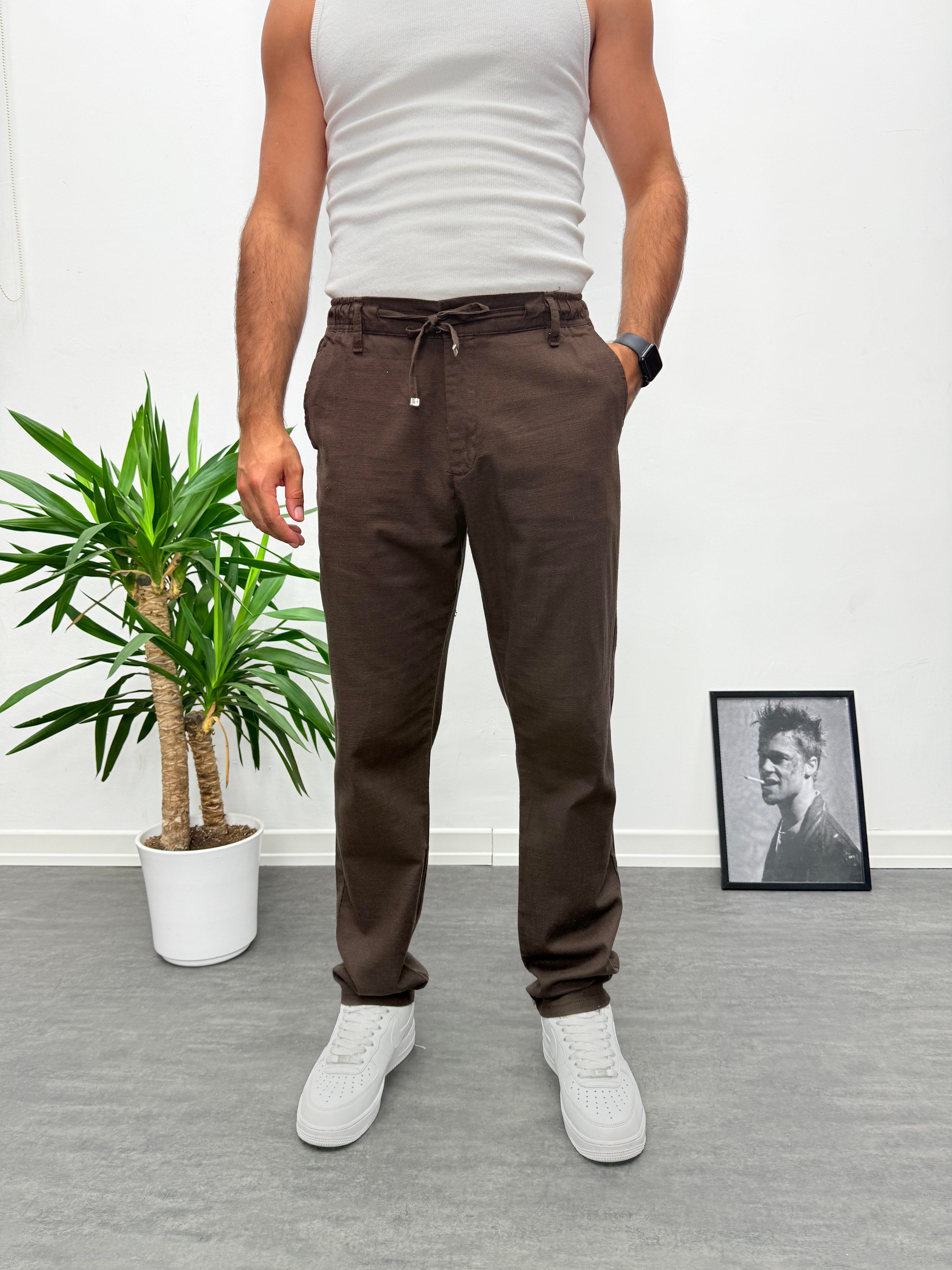 Acı Kahve Regular Boyfriend Kalıp Keten Pantolon