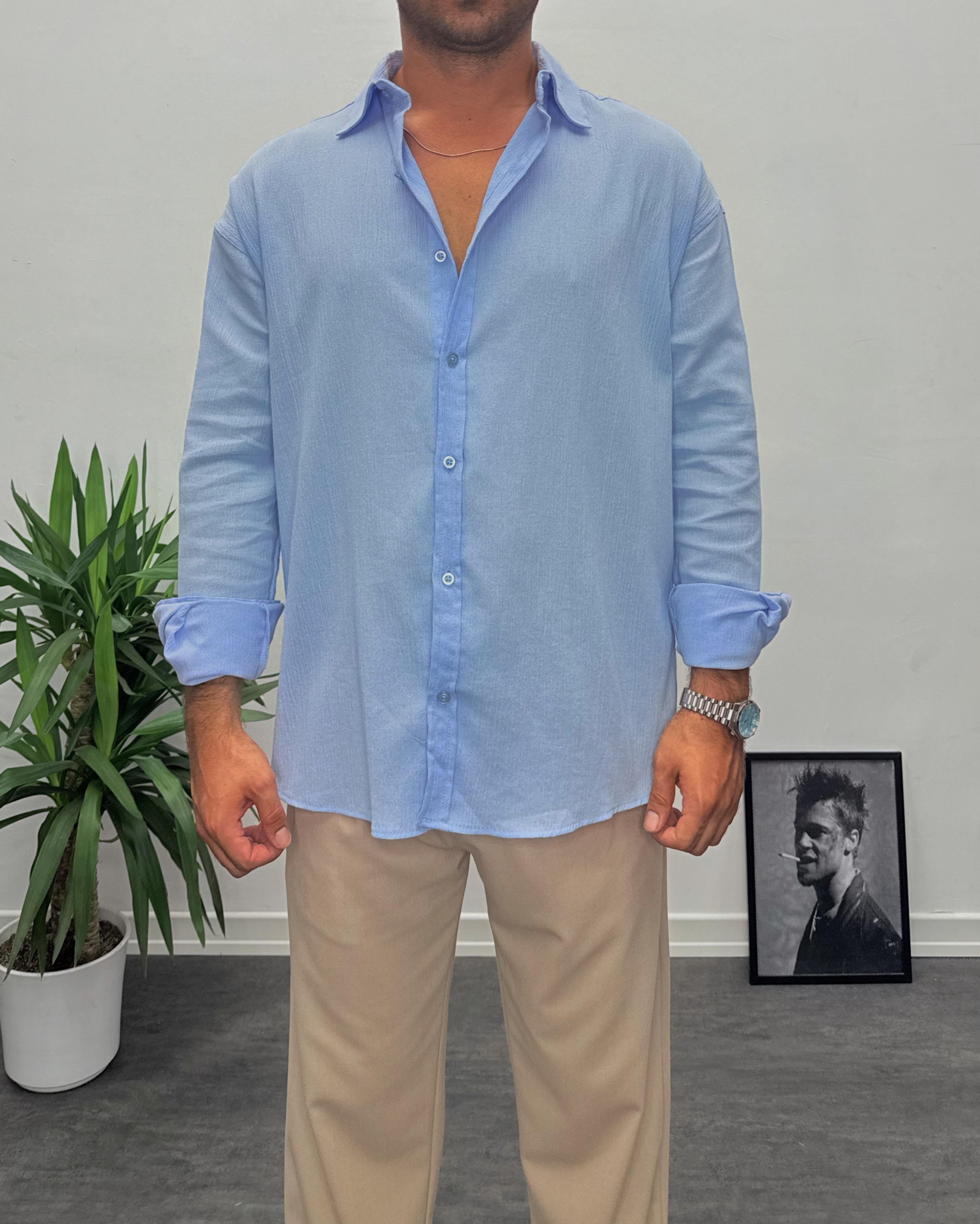 Bebe Mavisi Krinkıl Kumai Oversize Gömlek