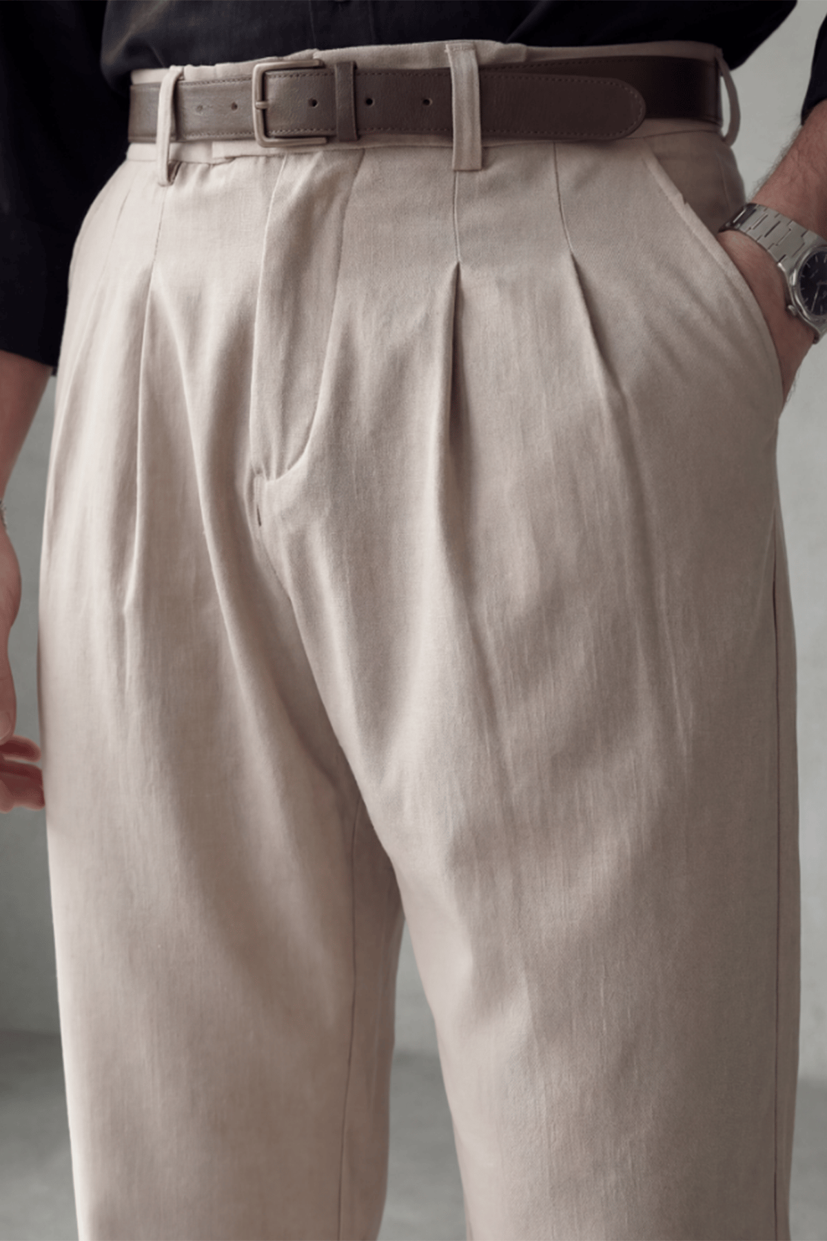 Bej Pileli Baggy Kumaş Pantolon