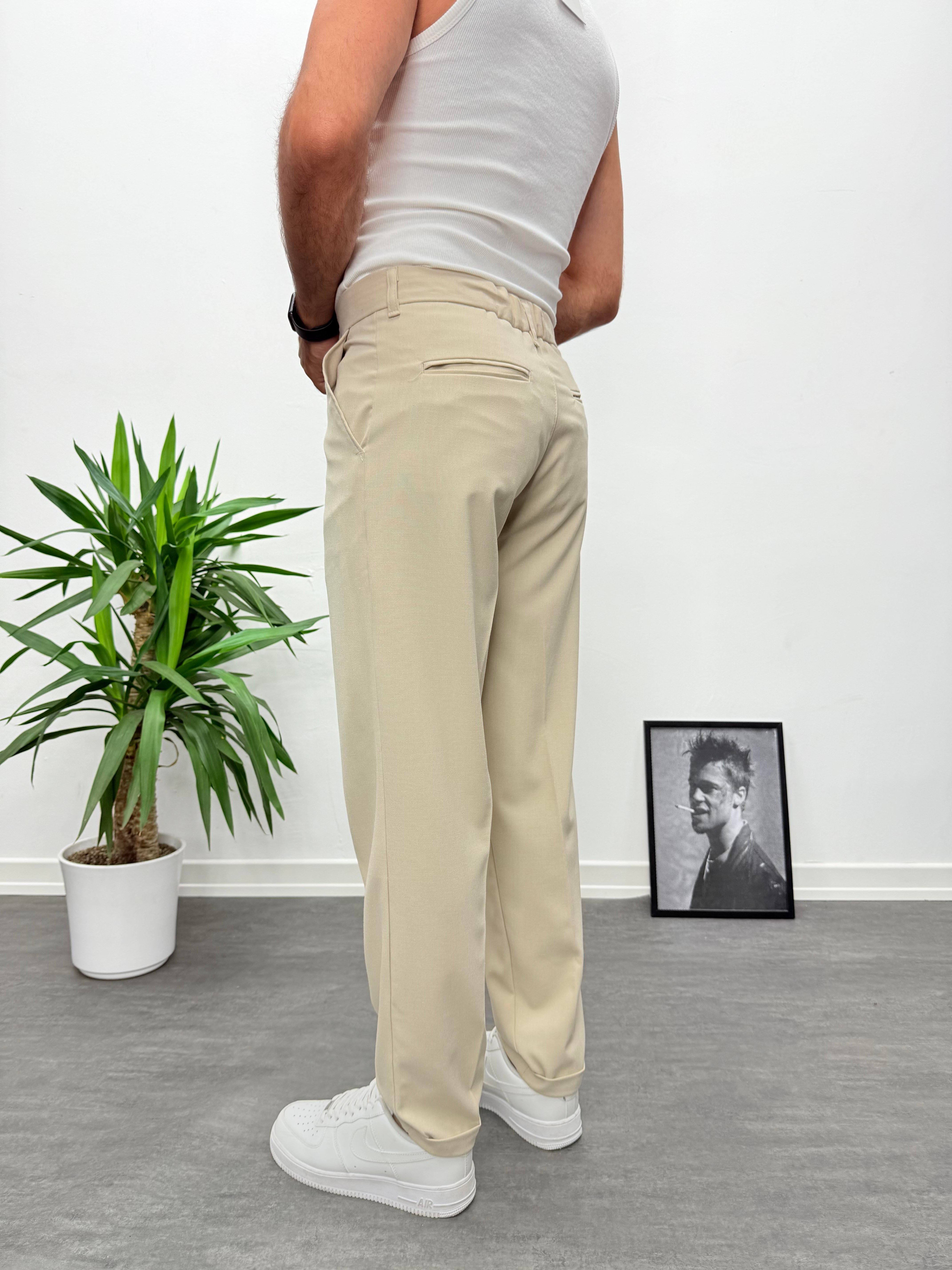 Bej Premium Kalite Bel Lastikli Duble Paça Gabardin Kumaş Pantolon