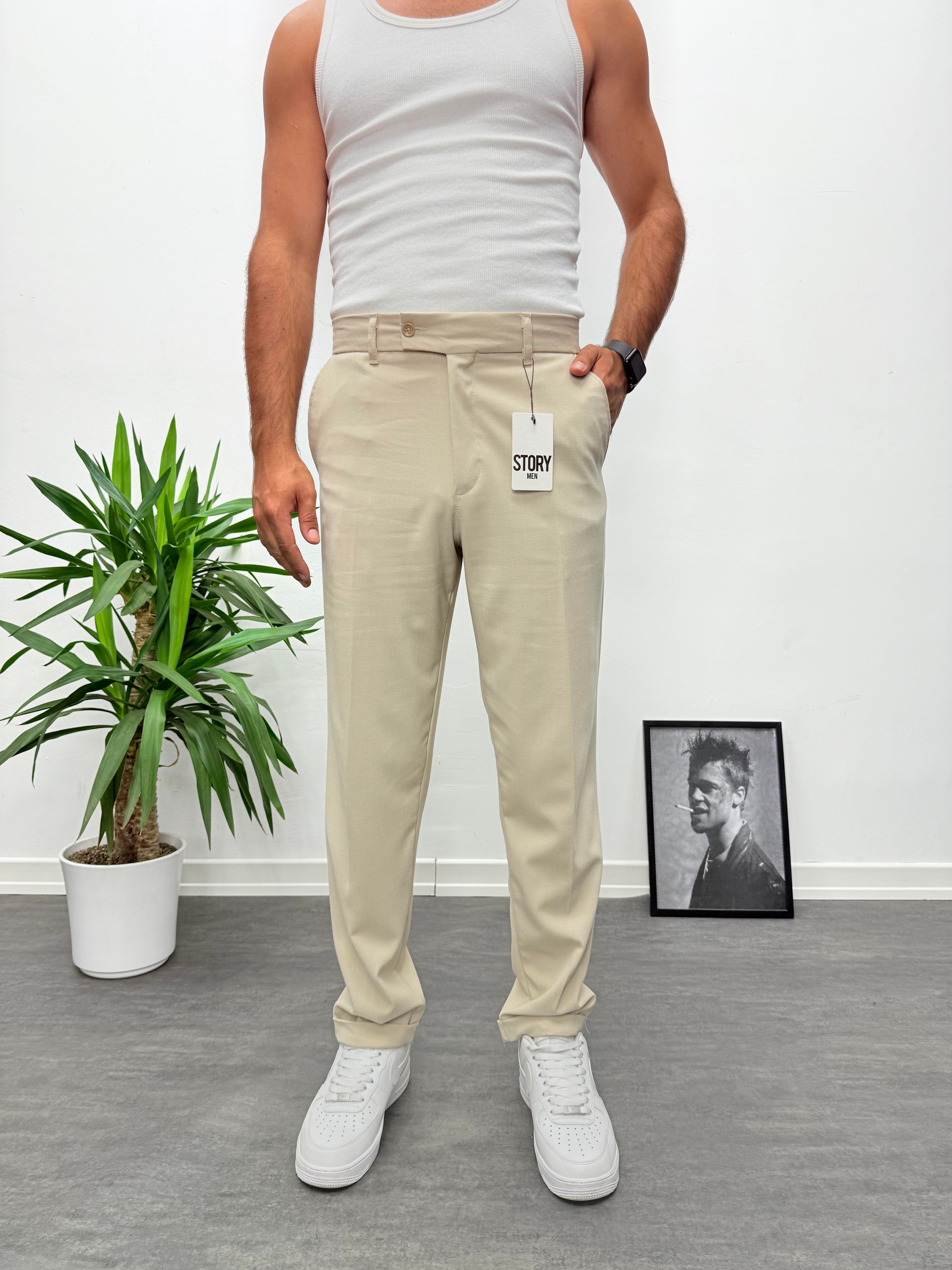 Bej Premium Kalite Bel Lastikli Duble Paça Gabardin Kumaş Pantolon