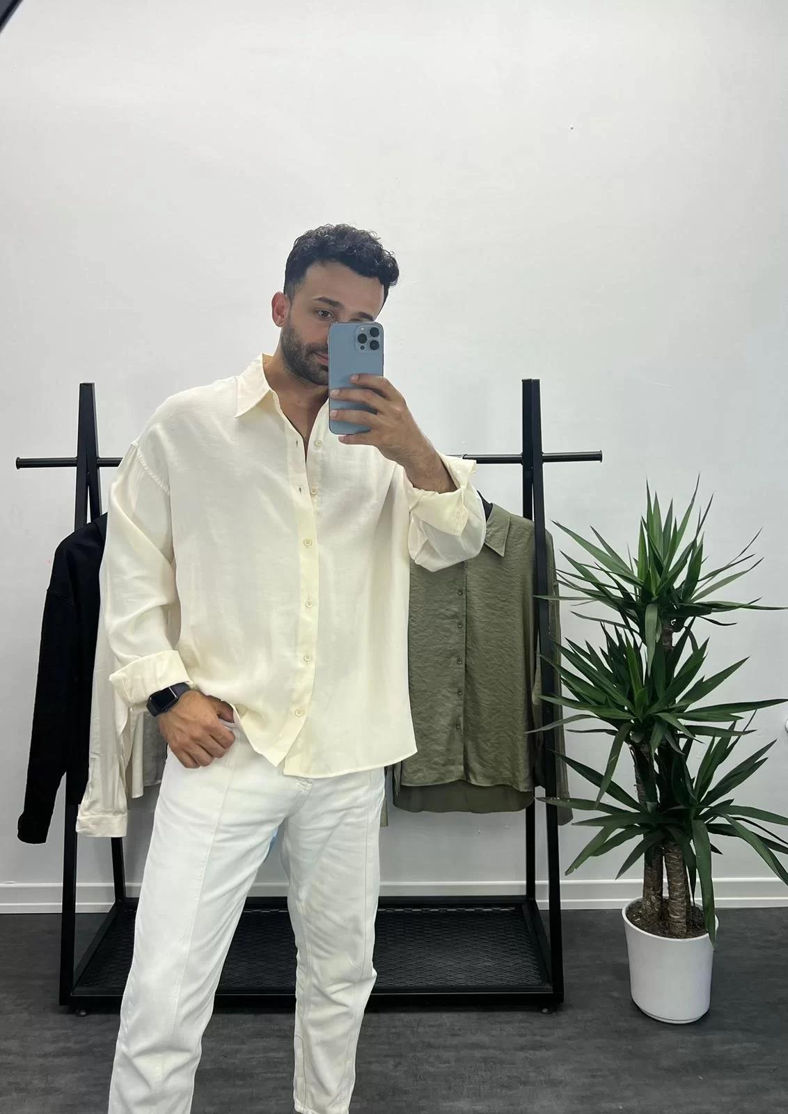 Bej Tensel Kumaş Oversize Gömlek