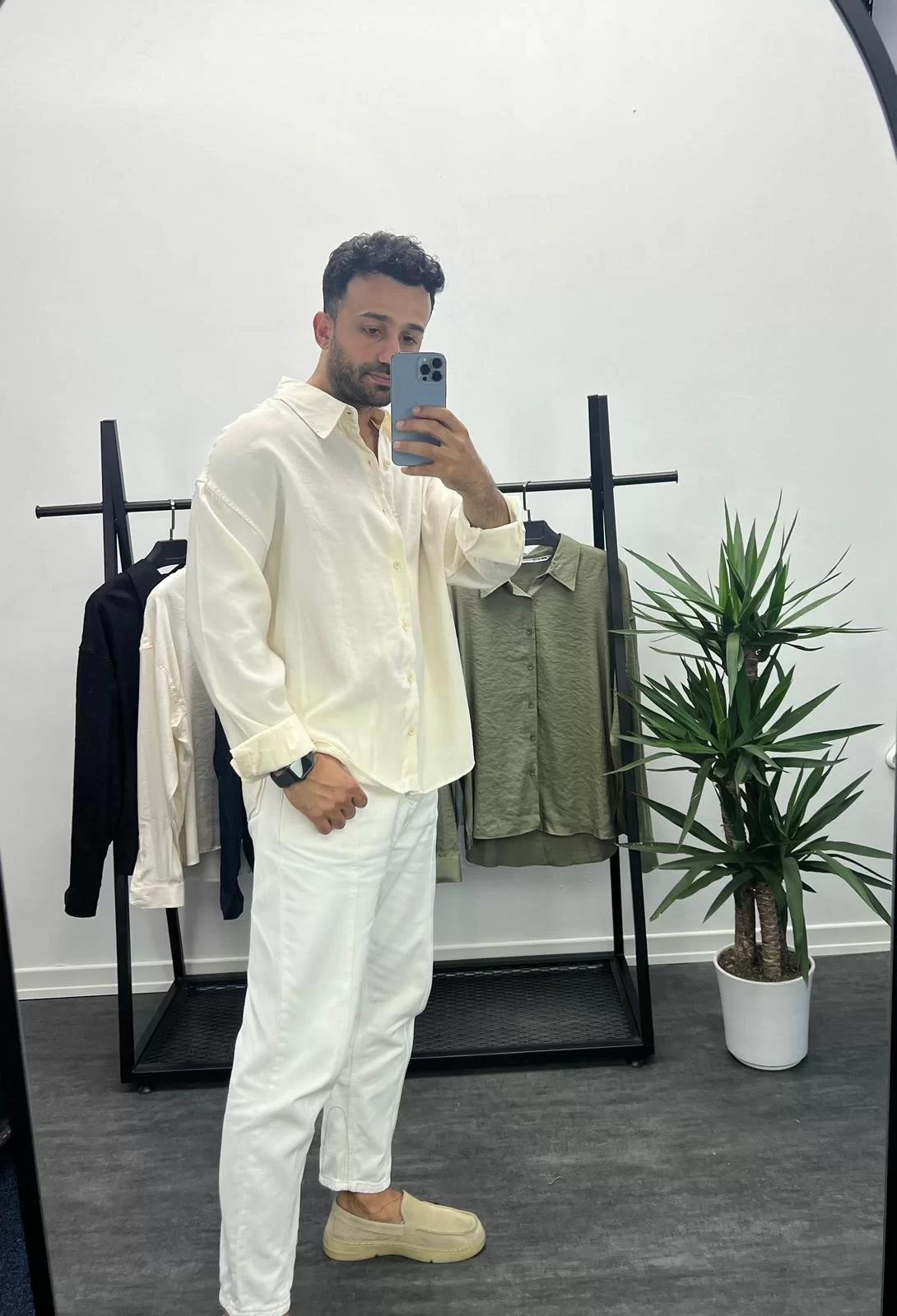 Bej Tensel Kumaş Oversize Gömlek