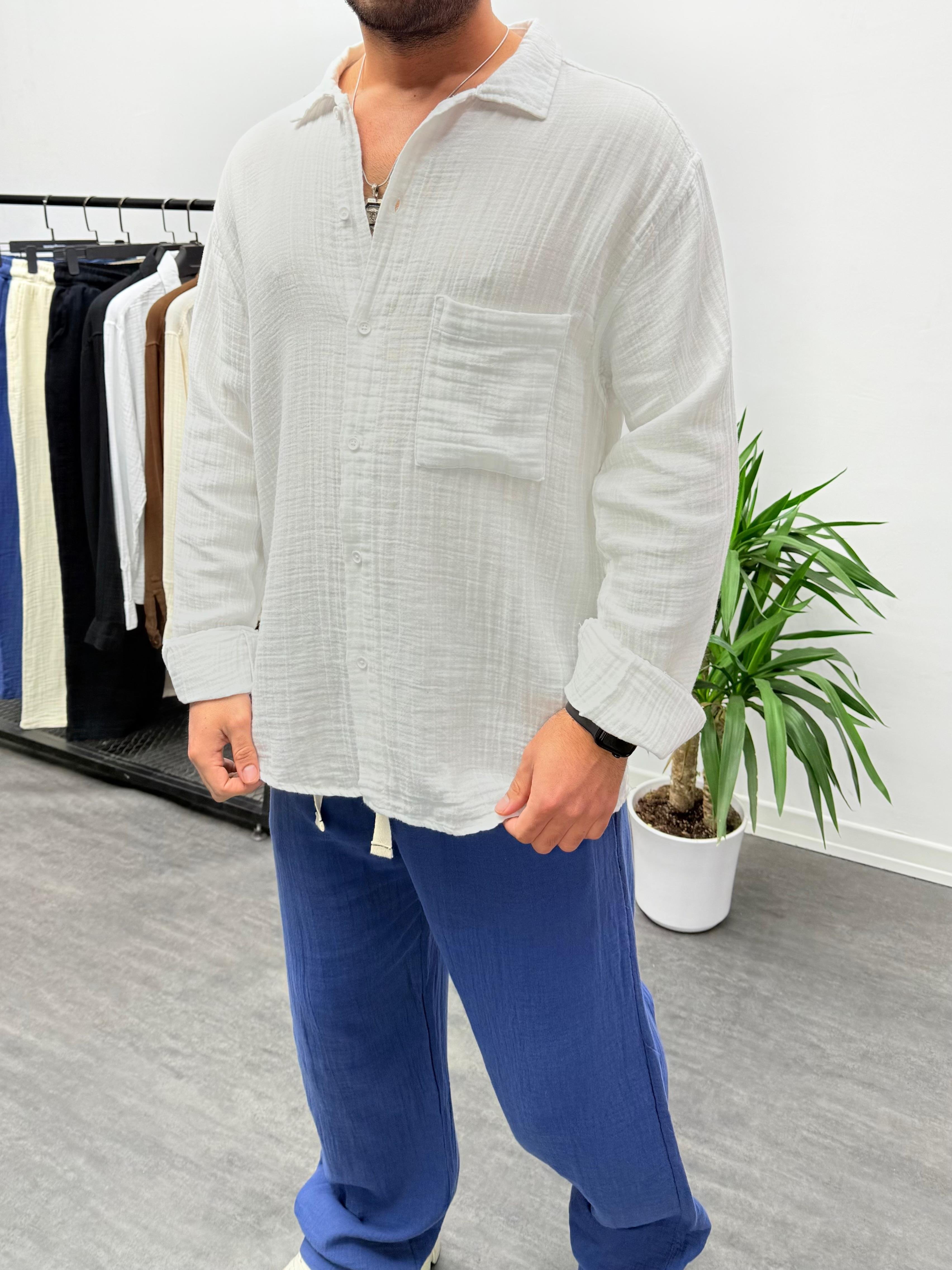 Beyaz Müslin Kumaş Oversize Gömlek