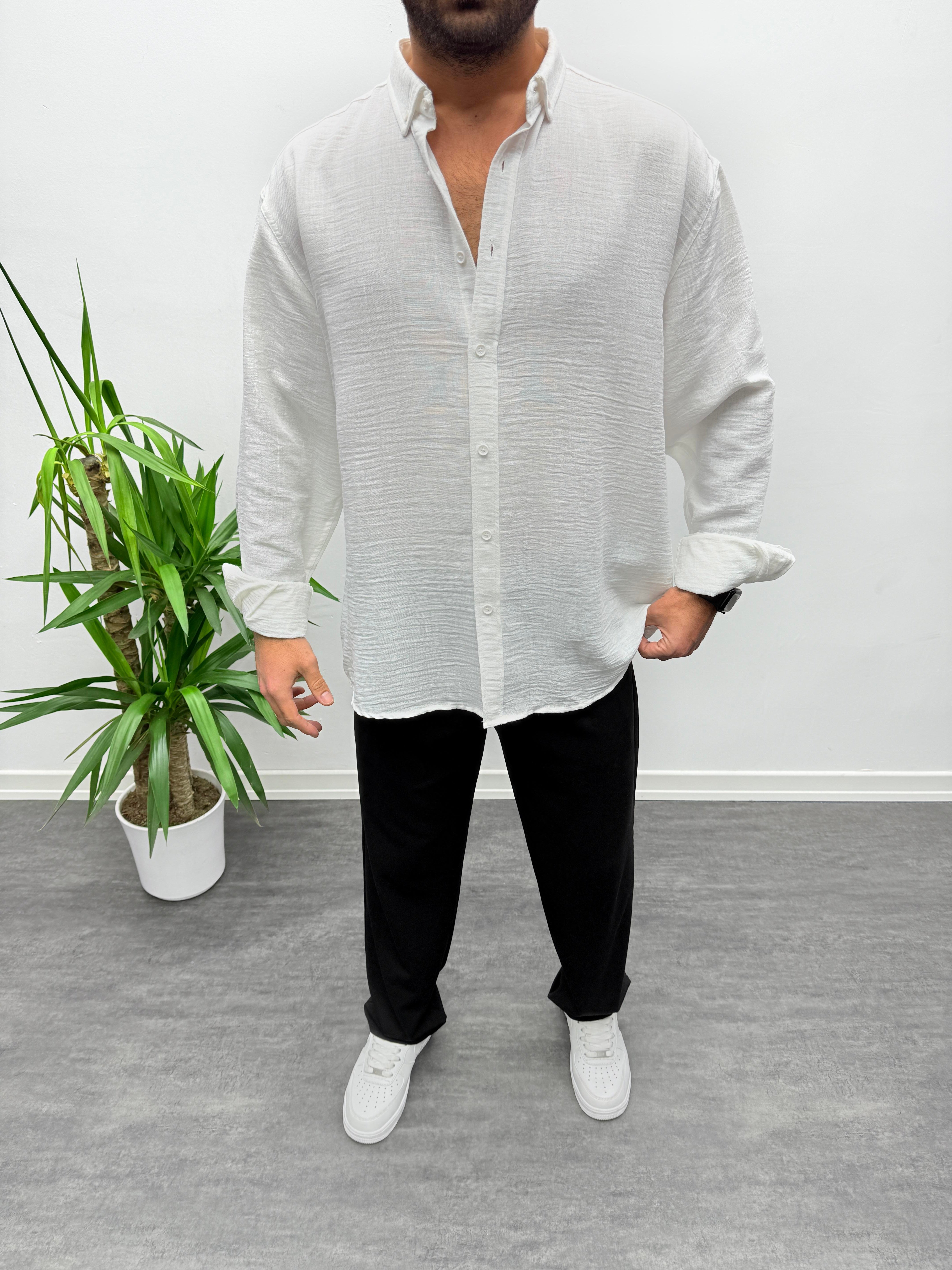 Beyaz Oversize Dokulu Gömlek
