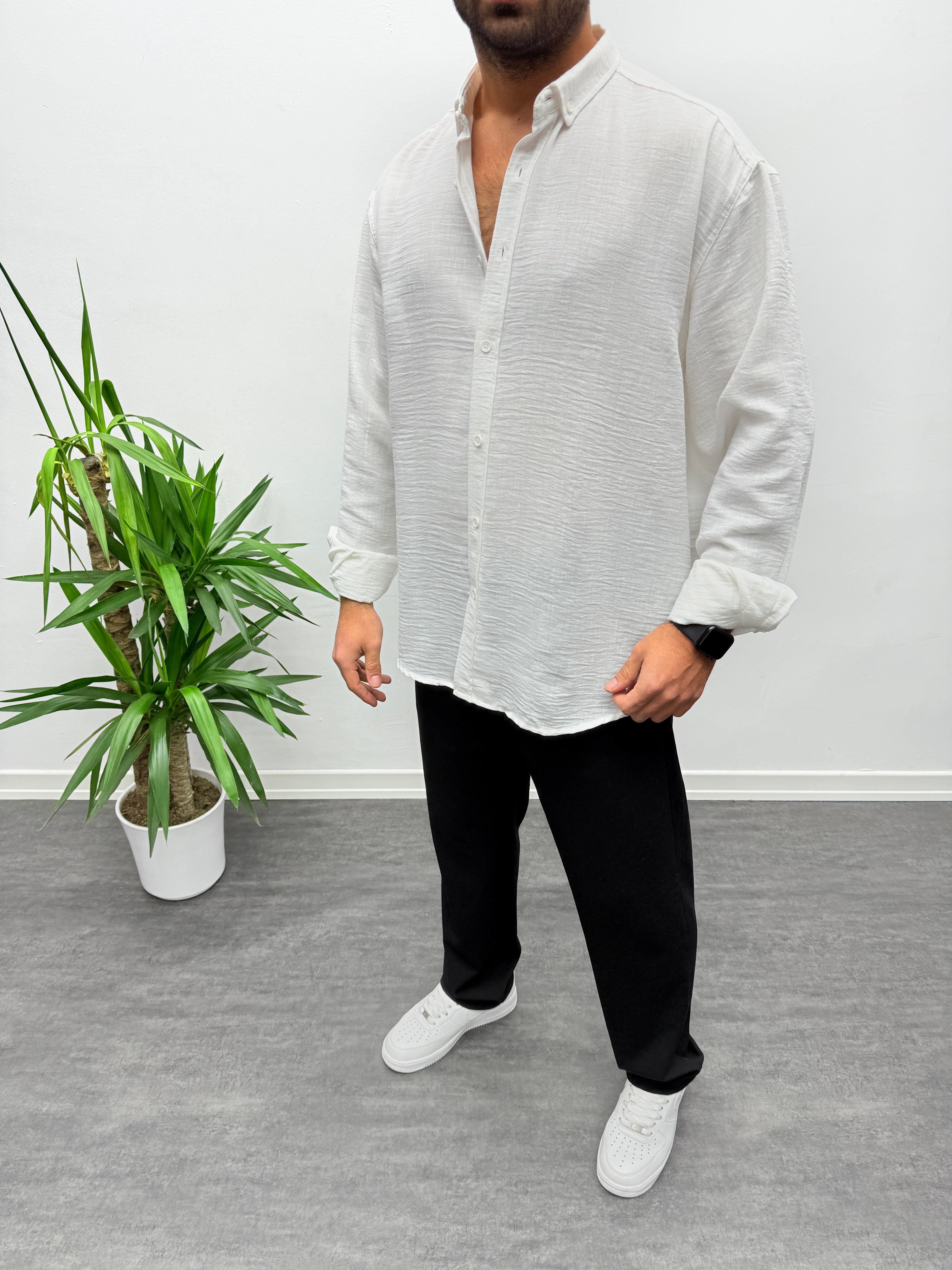 Beyaz Oversize Dokulu Gömlek