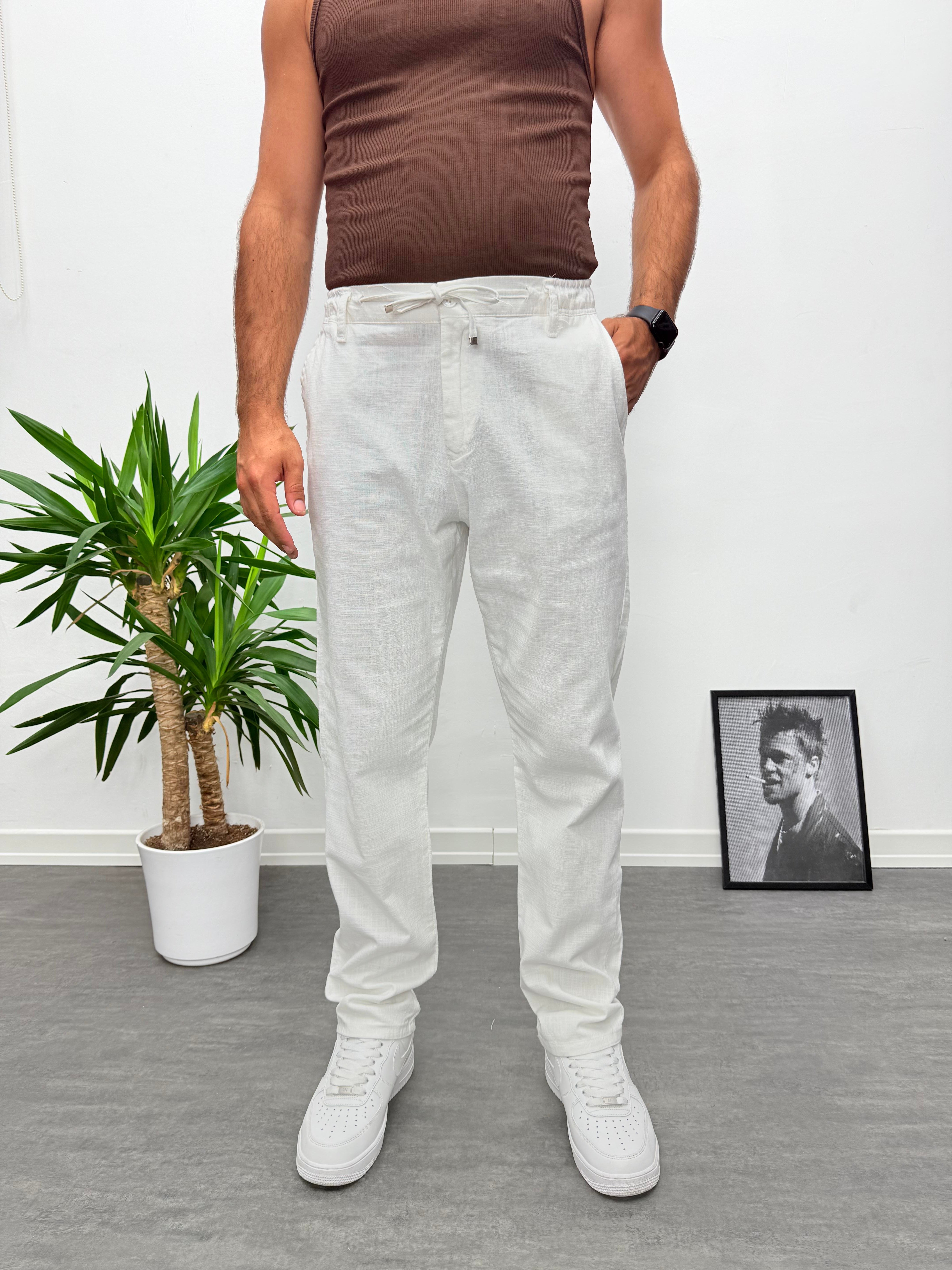 Beyaz Regular Boyfriend Kalıp Keten Pantolon