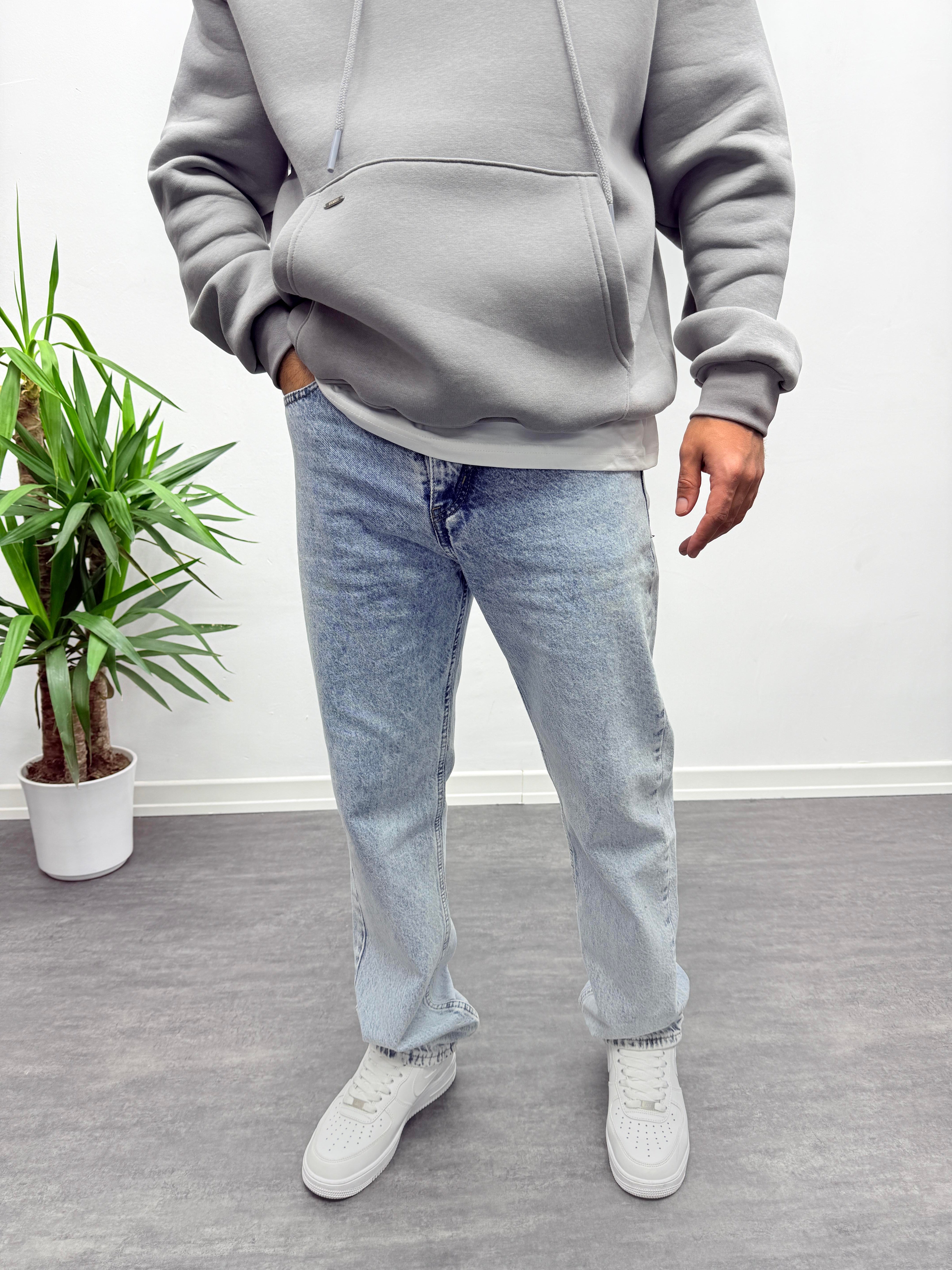 Buz Mavisi Kar Yıkamalı Baggy Jean Pantolon